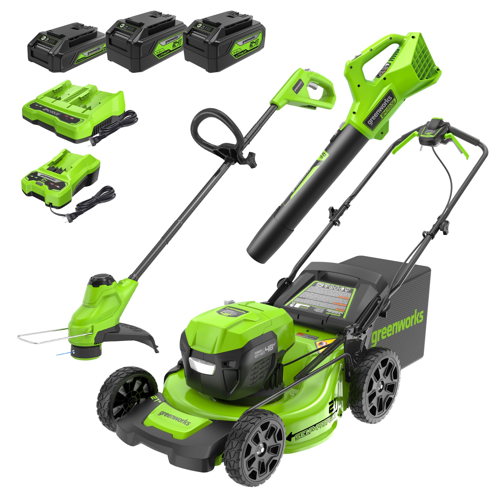 Greenworks 48V (2x24V) 21" Cordless Battery Self-Propelled Mower, 10" String Trimmer & 320 CFM Blower Combo Kit w/ (2) 5.0Ah Batteries, (1) 2.0Ah Battery & Chargers