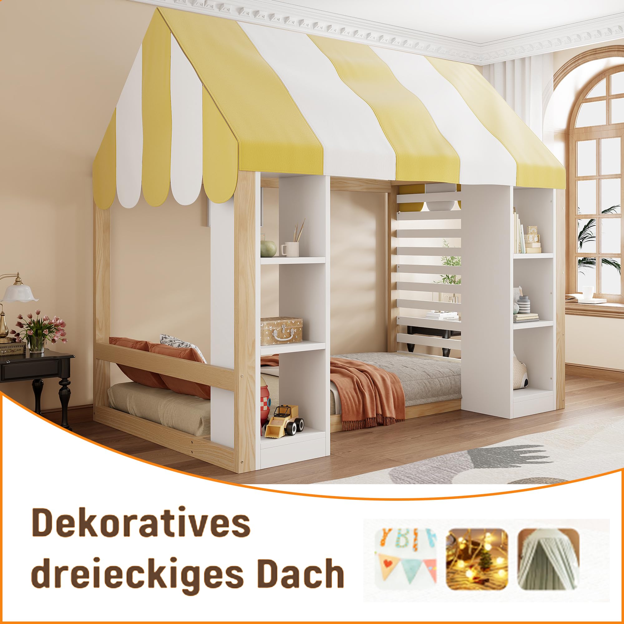 Kinderbett Landhausstil, 90 x 200 cm, mit Himmelbett, offenem Stauraum vorne und Holzrahmen, Holzfarbe+weiß, Weiß+Natur
