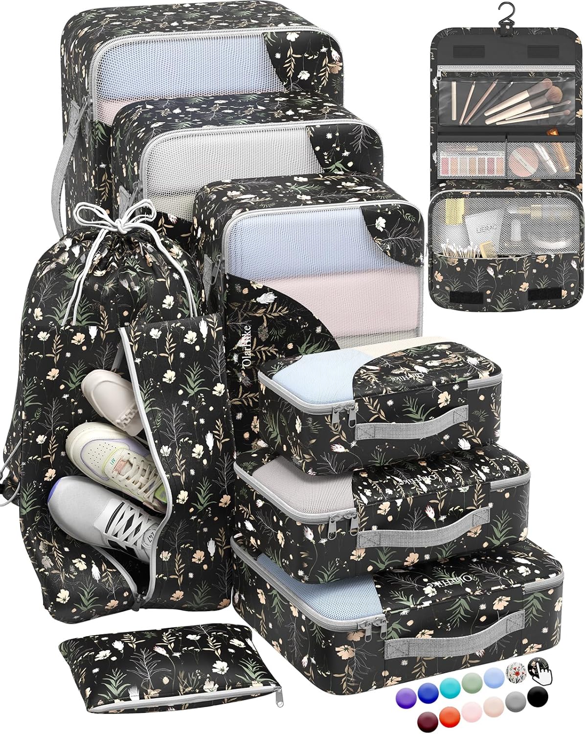 ALL INCLUDED 10 Set Durable Packing Cubes for Suitcases,OlarHike Essentials for Travel, UPGRADED Anti-Tear Stitching, NEW Improved Luggage Packing Organizers, Essentials for Travel (Black Flower)
