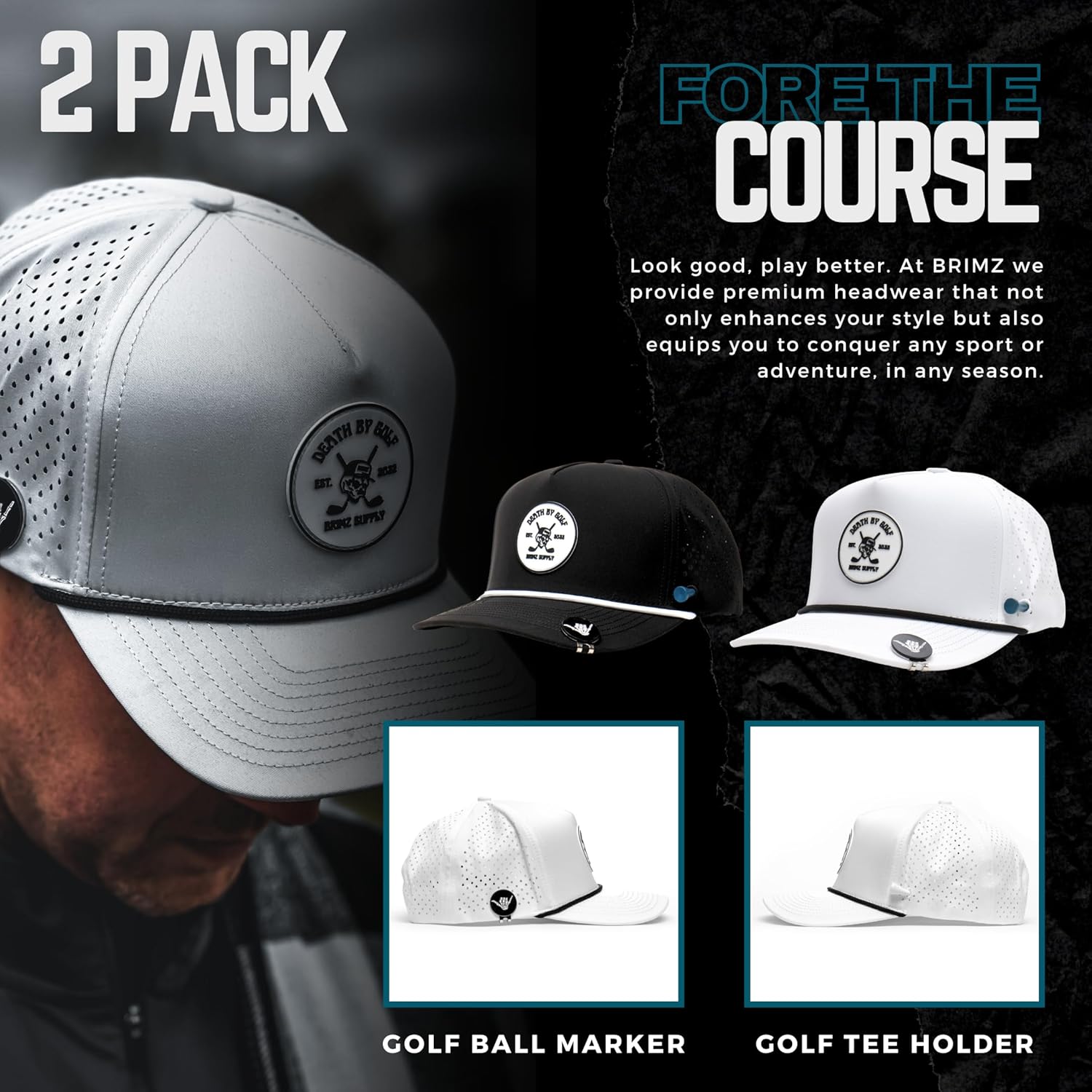 BRIMZ Golf Performance Hat - Tee Holder & Magnetic Ball Marker - Breathable, Sweat & Water Resistant Golfing Snapback Hat - Image 2