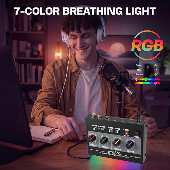 4-Channel Headphone Amplifier, 8 Outputs with Individual Volume, RCA/3.5mm/6.35mm Jacks, RGB Lights, Mute Function, Mono/Stereo Switch for Gaming, Podcast, Studio Recording & Home
