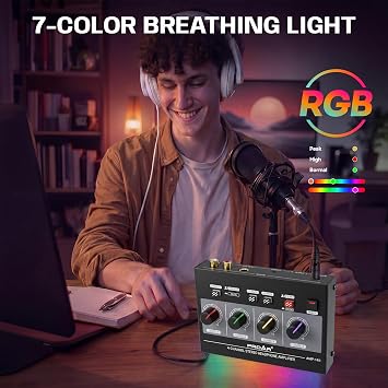 4-Channel Headphone Amplifier, 8 Outputs with Individual Volume, RCA/3.5mm/6.35mm Jacks, RGB Lights, Mute Function, Mono/Stereo Switch for Gaming, Podcast, Studio Recording & Home