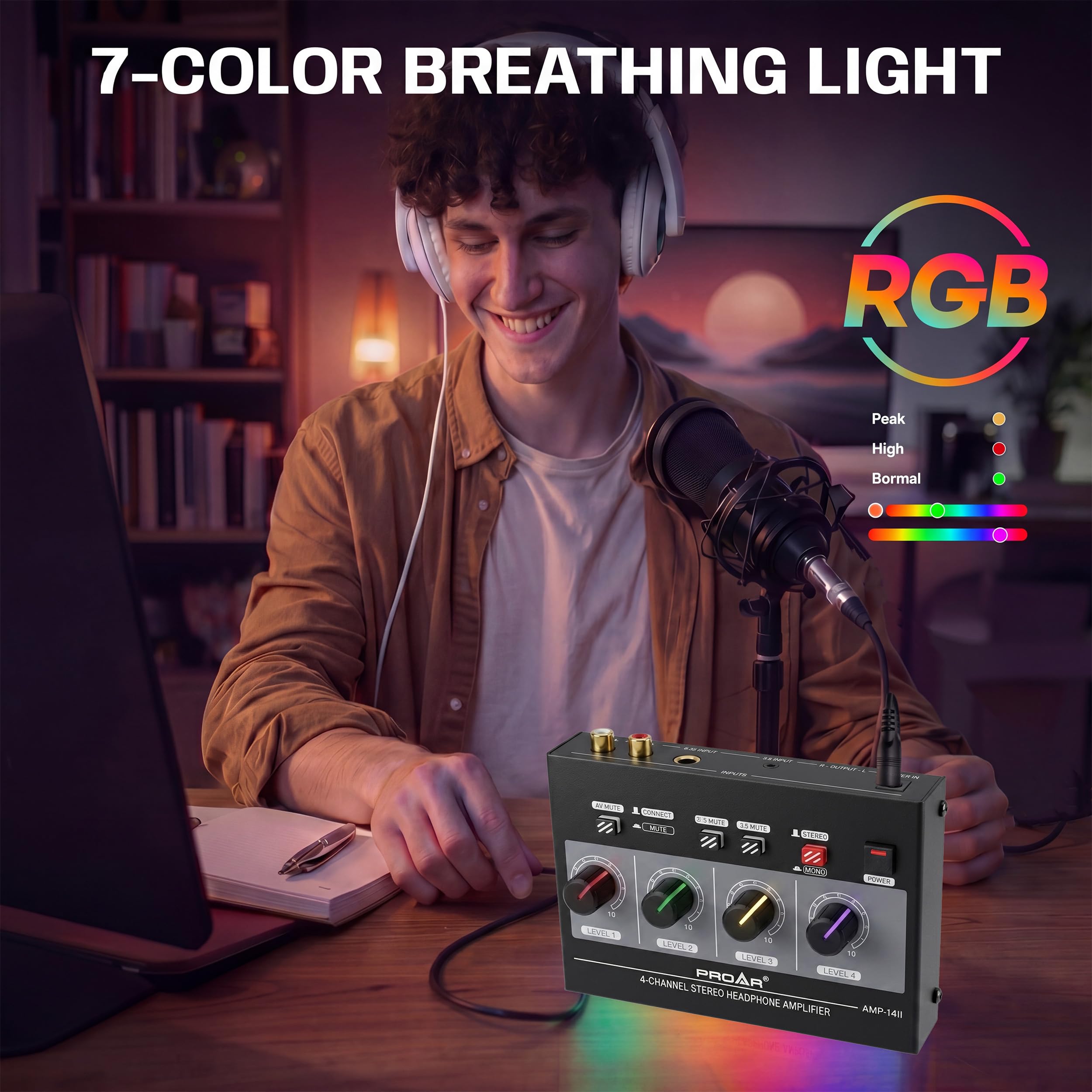 Amplificatore per cuffie a 4 canali con luce a 7 colori, amplificatore per cuffie per studio musicale con splitter audio per cuffie mono/stereo multi-porta in metallo con uscita cuffie TRS da 1