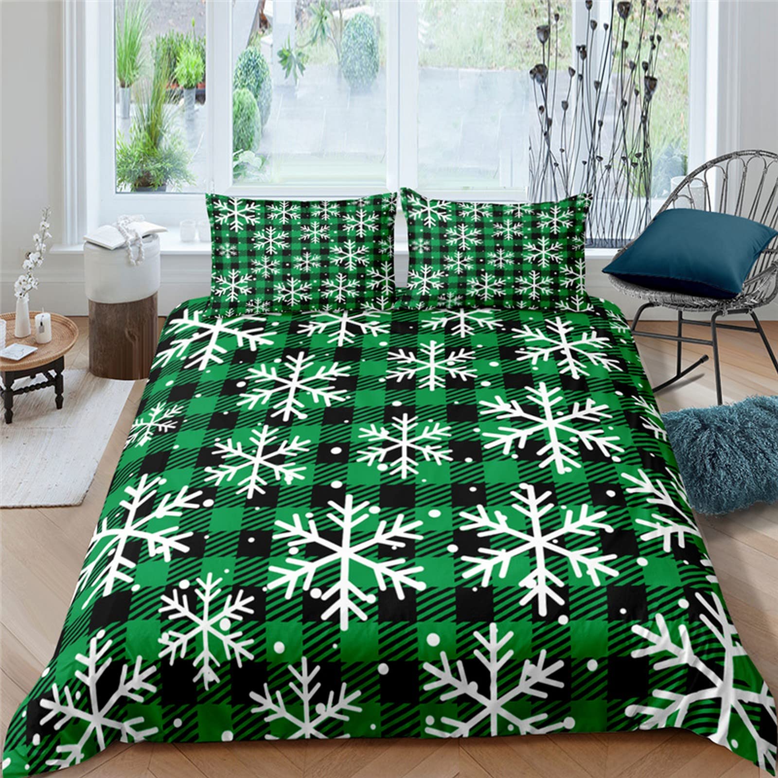 Kerstdekbedovertrek set, Kerstmis sneeuwvlokken patroon microvezel beddengoedsets dekbedovertrek set met kussenslopen en dekbedovertrek (135 cm x 200 cm, rood