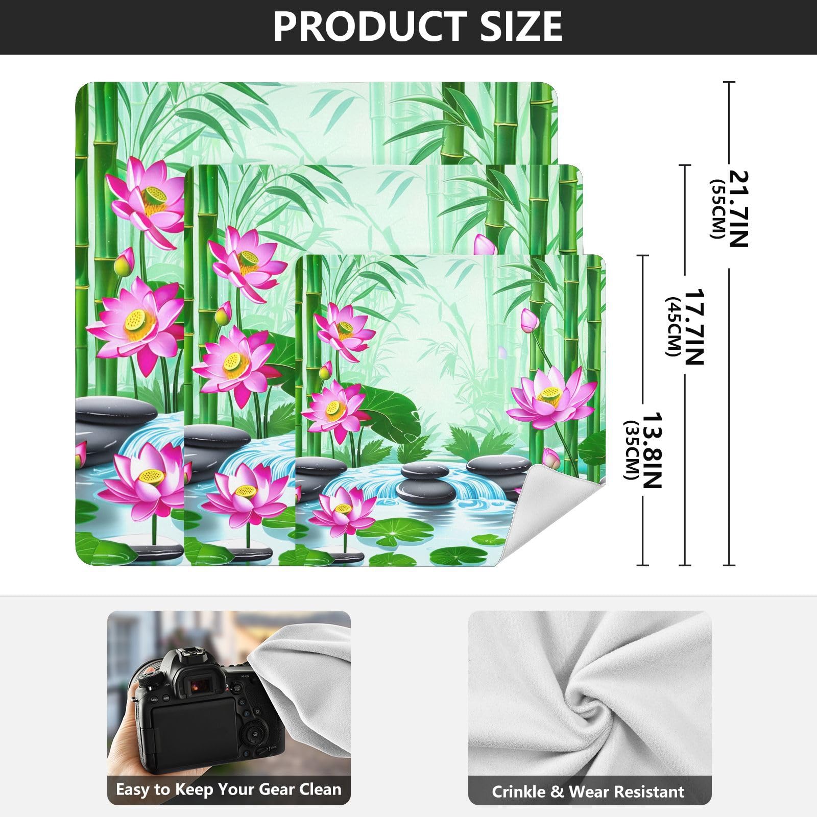 ODAWA Lotus Garden Green Self-Adhesive Cloths 21.7X21.7 Inch Changeable Capacity Cosmetic Bag Magic Self-Adhesive Cloths for Camera, Lens, Laptop