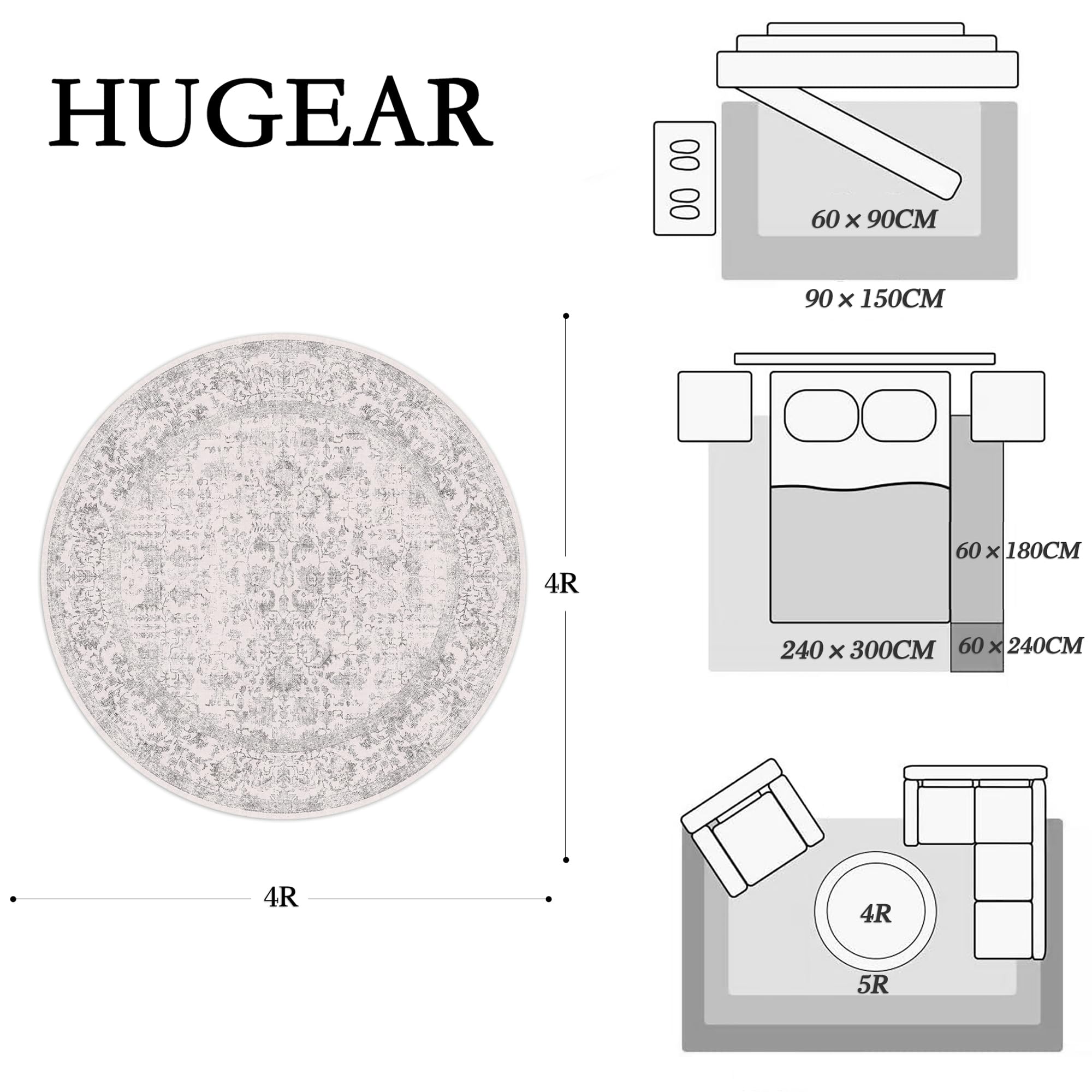 HUGEAR Vintage Grey Round Rug 120cm Washable Non Slip Circle Area Rugs Living Room Bedroom Kitchen Hall Lounge Bedside Office Dining Room Indoor Carpet Low Pile Circular Carpets - Image 2