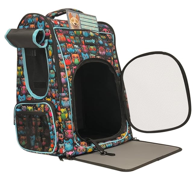 nestQ Mochila Transportín Perros Gatos hasta 5kg Búhos 45x35x30cm
