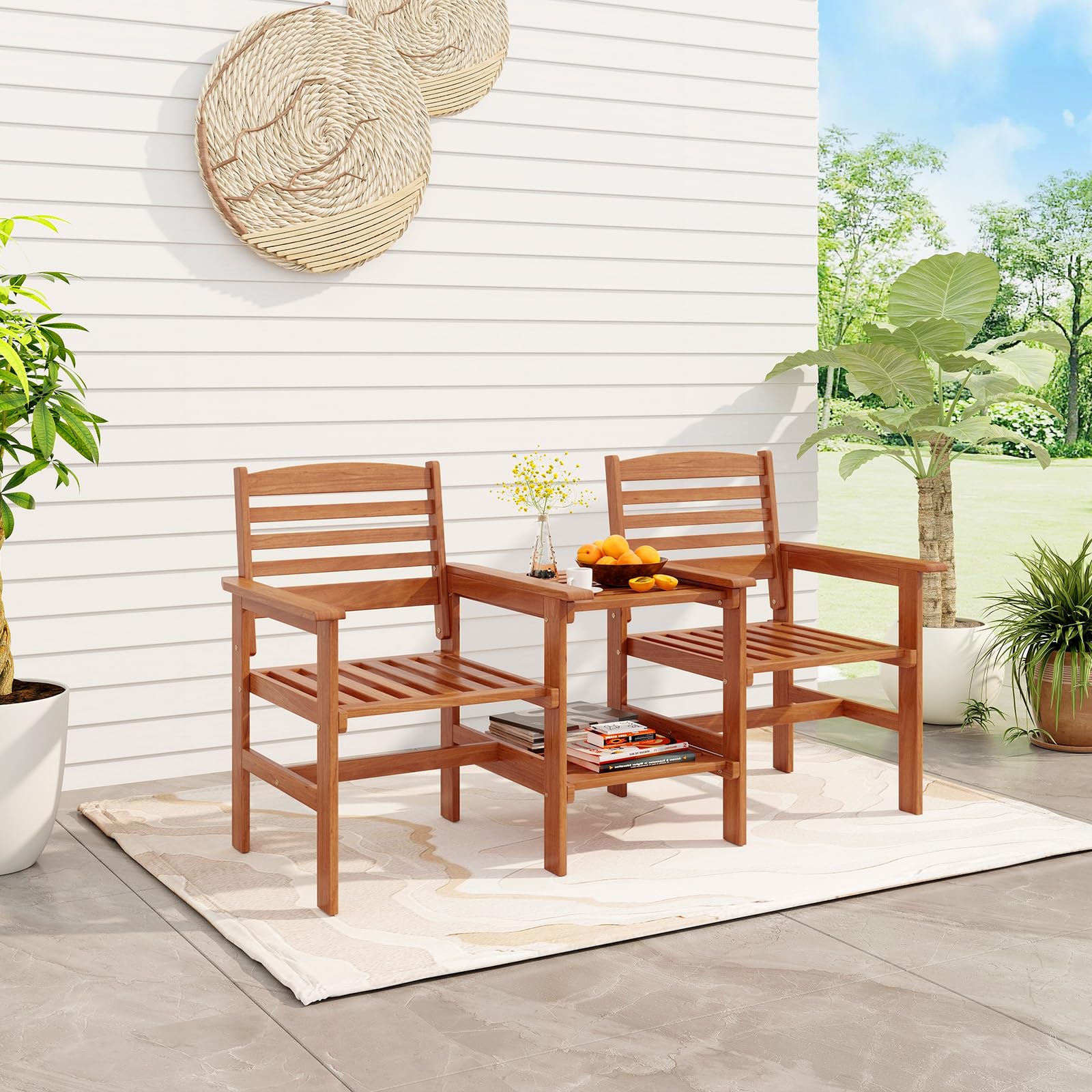 KOMFOTTEU 2-Sitzer Gartenbank Massivholz, Sitzbank mit Beistelltisch & Schirmloch, Terrassenbank Gartenmöbel Set für Balkon Garten