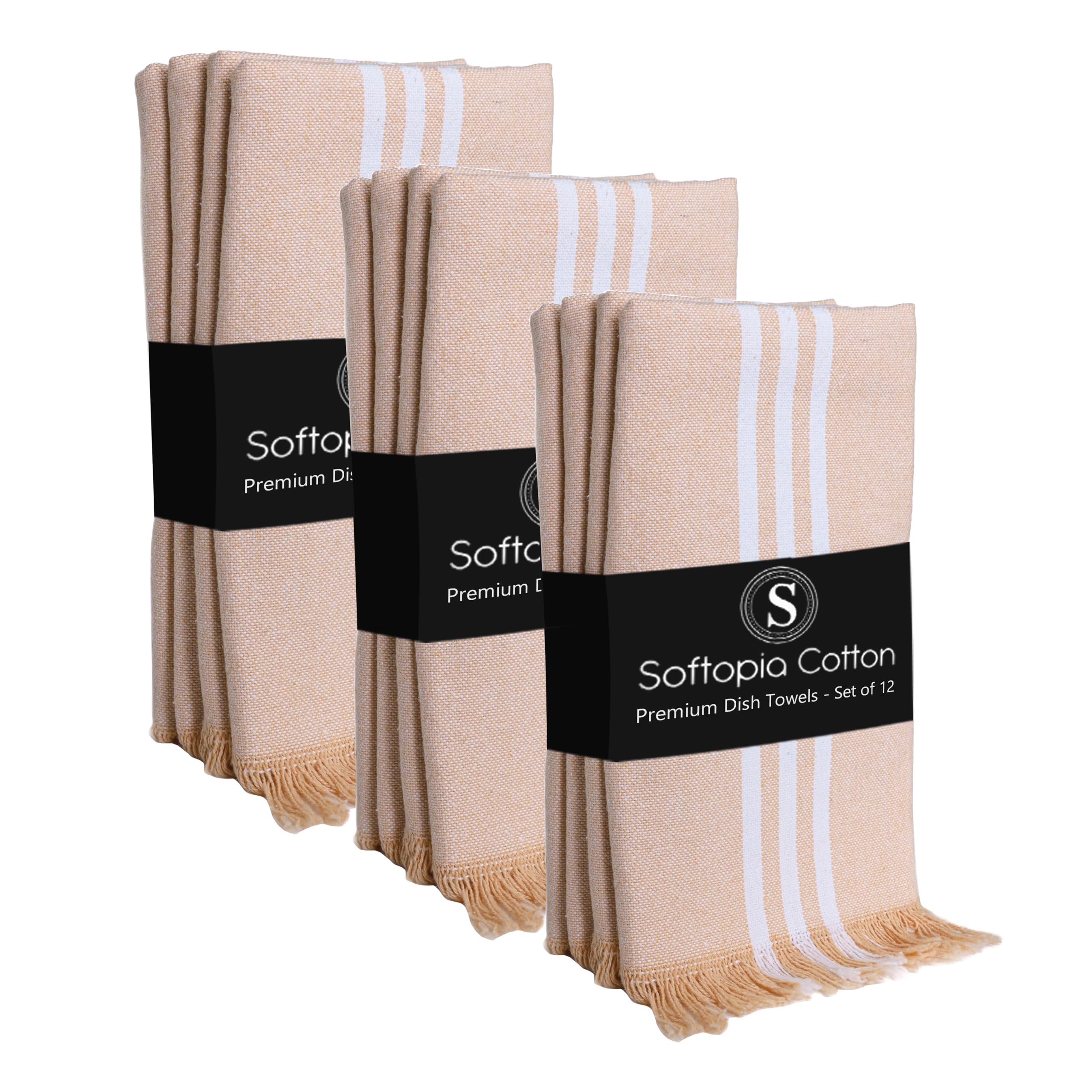 Prewashed Stripe Kitchen Towels 12 Pack, 16x26 Inches, 100% Cotton, Dish Towels for Kitchen Drying, Reusable Tea Towels, Absorbent Wash Cloths, Quick Dry and Machine Washable - Beige