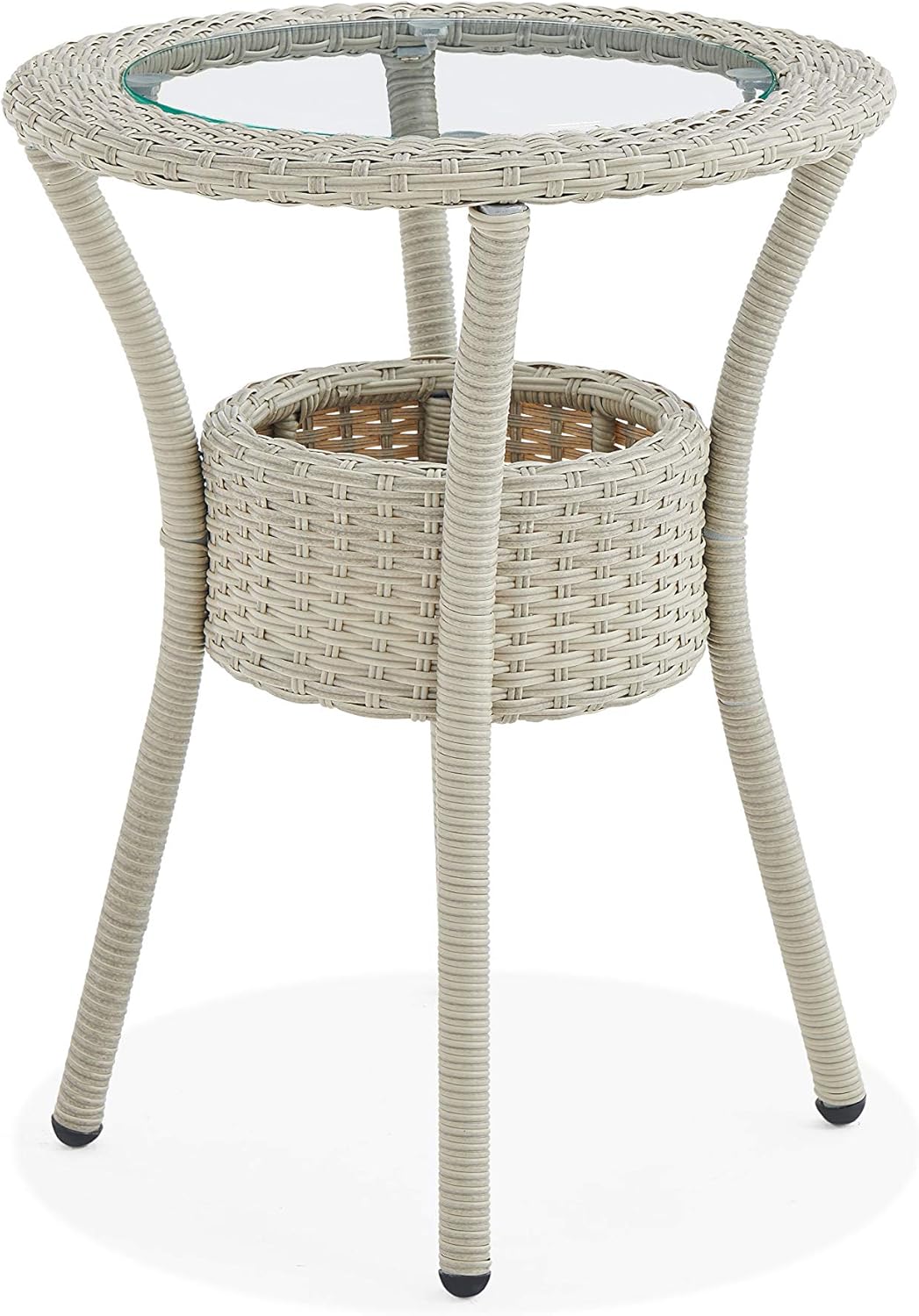 Beige Round Wicker Outdoor Accent Table with Glass Top and Storage