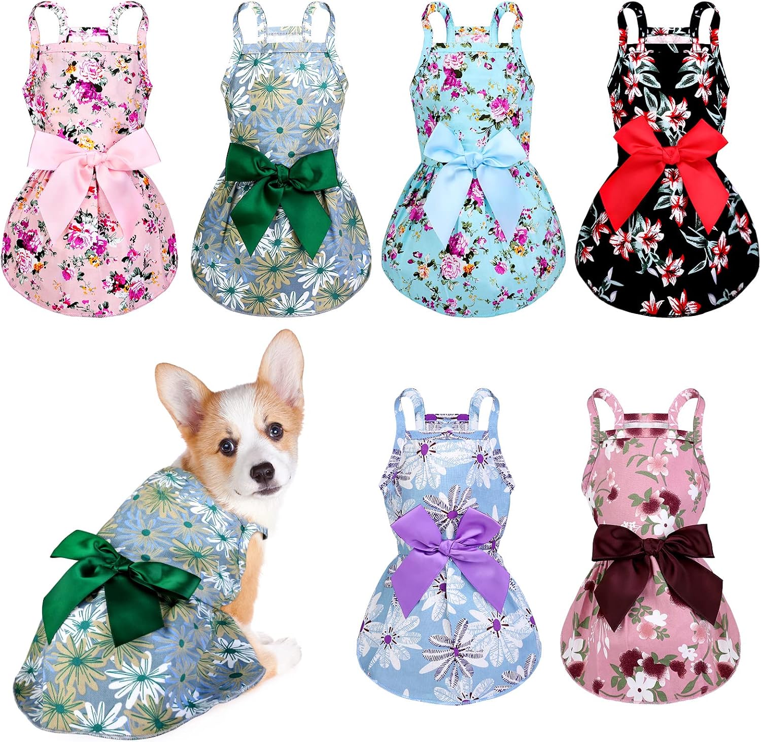 Pedgot 6 Pack Dog Bowknot Floral Dress Skin-Friendly Pet Bowknot Princess Dress Puppy Floral Vest Skirt Puppy Clothes for Dogs and Cats…