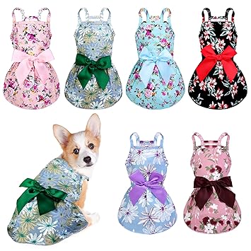 Pedgot 6 Pack Dog Bowknot Floral Dress Skin-Friendly Pet Princess Dress Dog Sundress Summer Puppy Clothes for Dogs and Cats (Small)