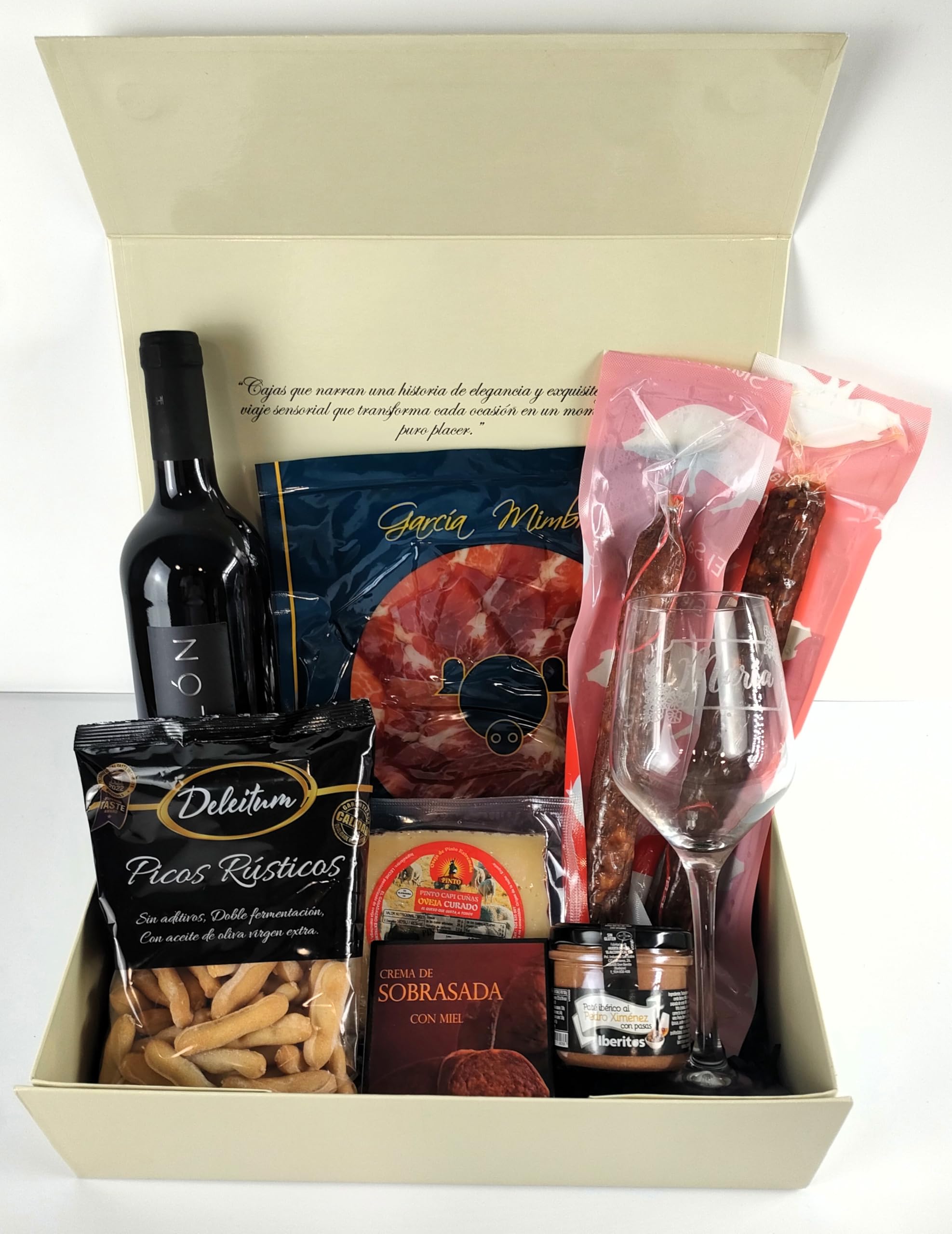 DON GOURMET, Cesta Gourmet para Regalar, Copas de vino personalizadas, Cesta Navidad, lote embutidos ibéricos, aceite de oliva, patés, pack ibéricos. Regalo de cumpleaños, Regalo casados. (1 COPA)