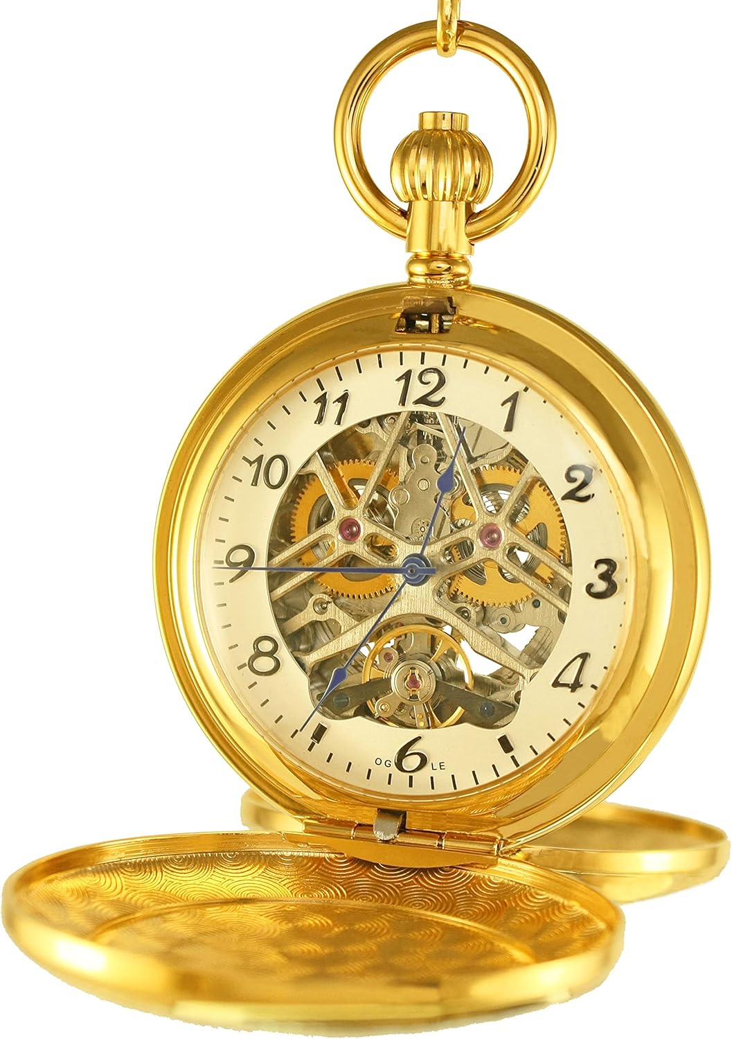 OGLE Vintage Double Copper Cover Case Dual Movement Skeleton Chain Fob Self Winding Automatic Mechanical Pocket Watch