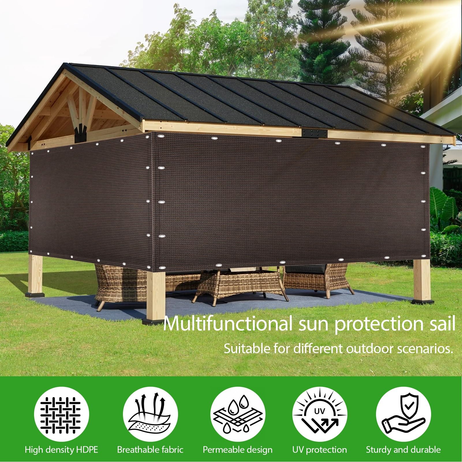 Żagiel Przeciwsłoneczny HDPE Prostokątny 225 x 590 cm Oddychający HDPE Oddychający Oczka Ze Stali Nierdzewnej Dla Patio, Dziedzińca I Basenu, brązowy