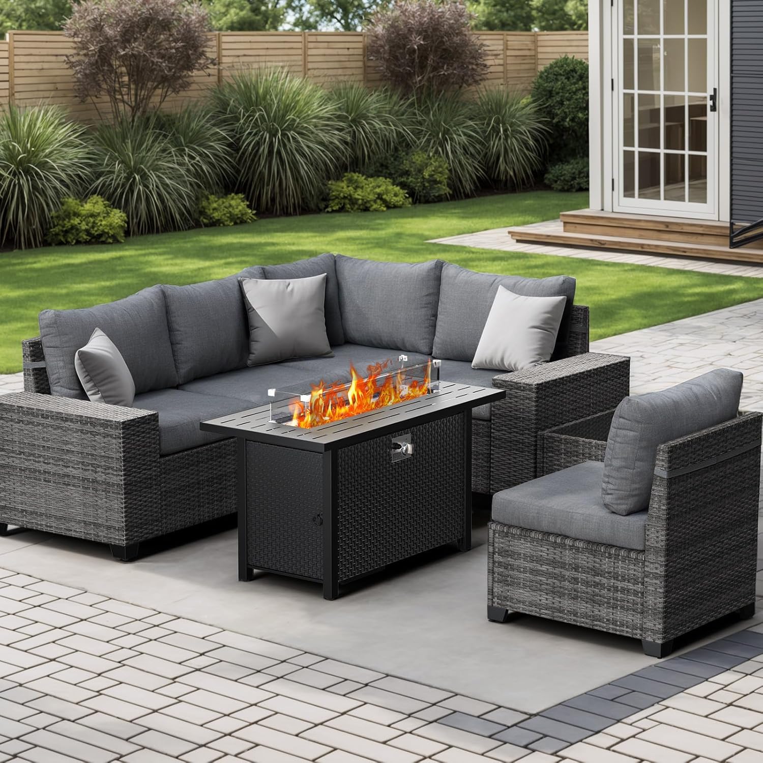 JOIVI 7-Piece Outdoor Set with Fire Pit Table - Versatile Wicker Sofa Set Arrangement with Blue Glass Beads & Safety Features, 2 Color Cushion Covers Available, Ideal for Outdoor Entertainment