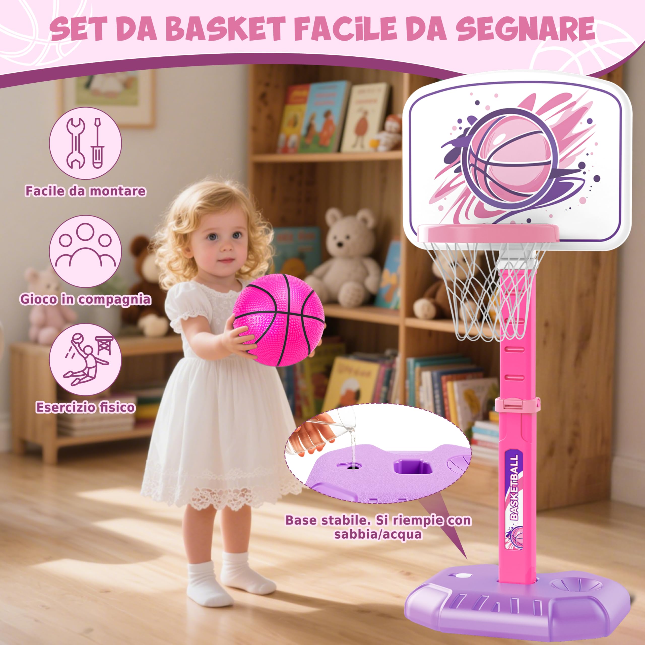 MOMOSTAR Canestro Basket Bambini, Canestro Basket Esterno e Interno, Altezza Regolabile 70-140cm, Giochi da Esterno per Bambini, Regali di Compleanno per Bambini 3 4 5 6 Anni