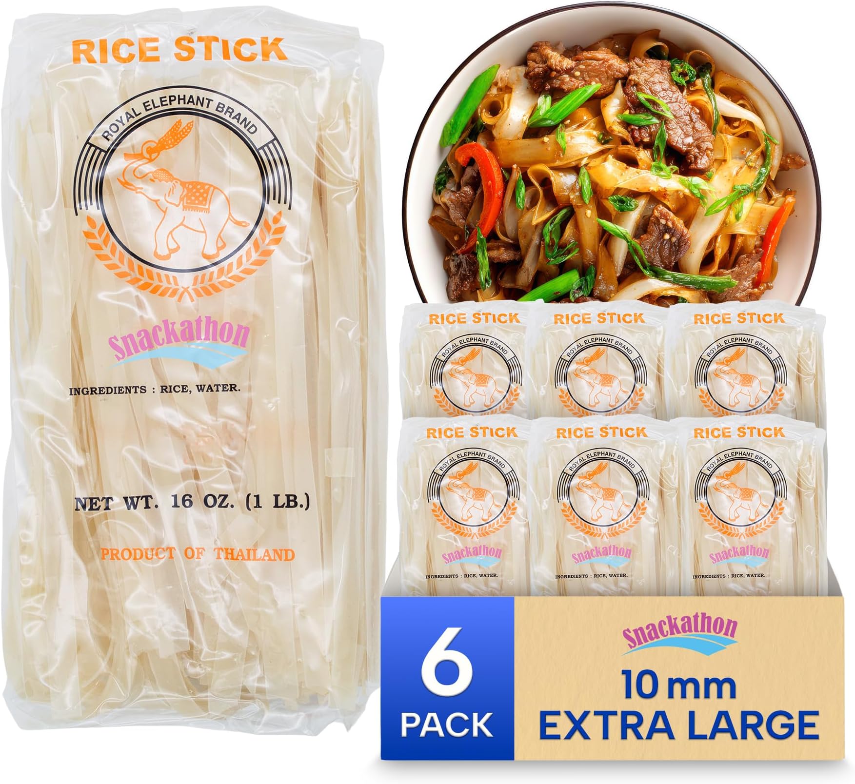 Thai Rice Stick Noodle, Pad Thai Style,XL-10mm,16 Ounce Each, Pack of 6