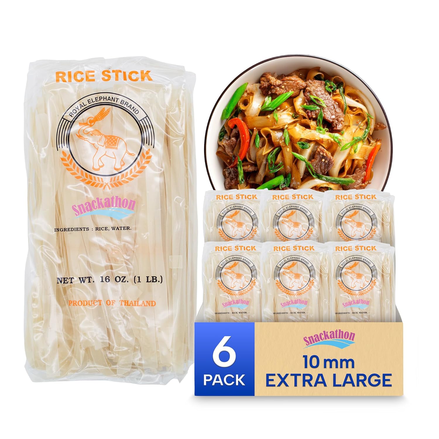 Thai Rice Stick Noodle, Pad Thai Style,XL-10mm,16 Ounce Each, Pack of 6