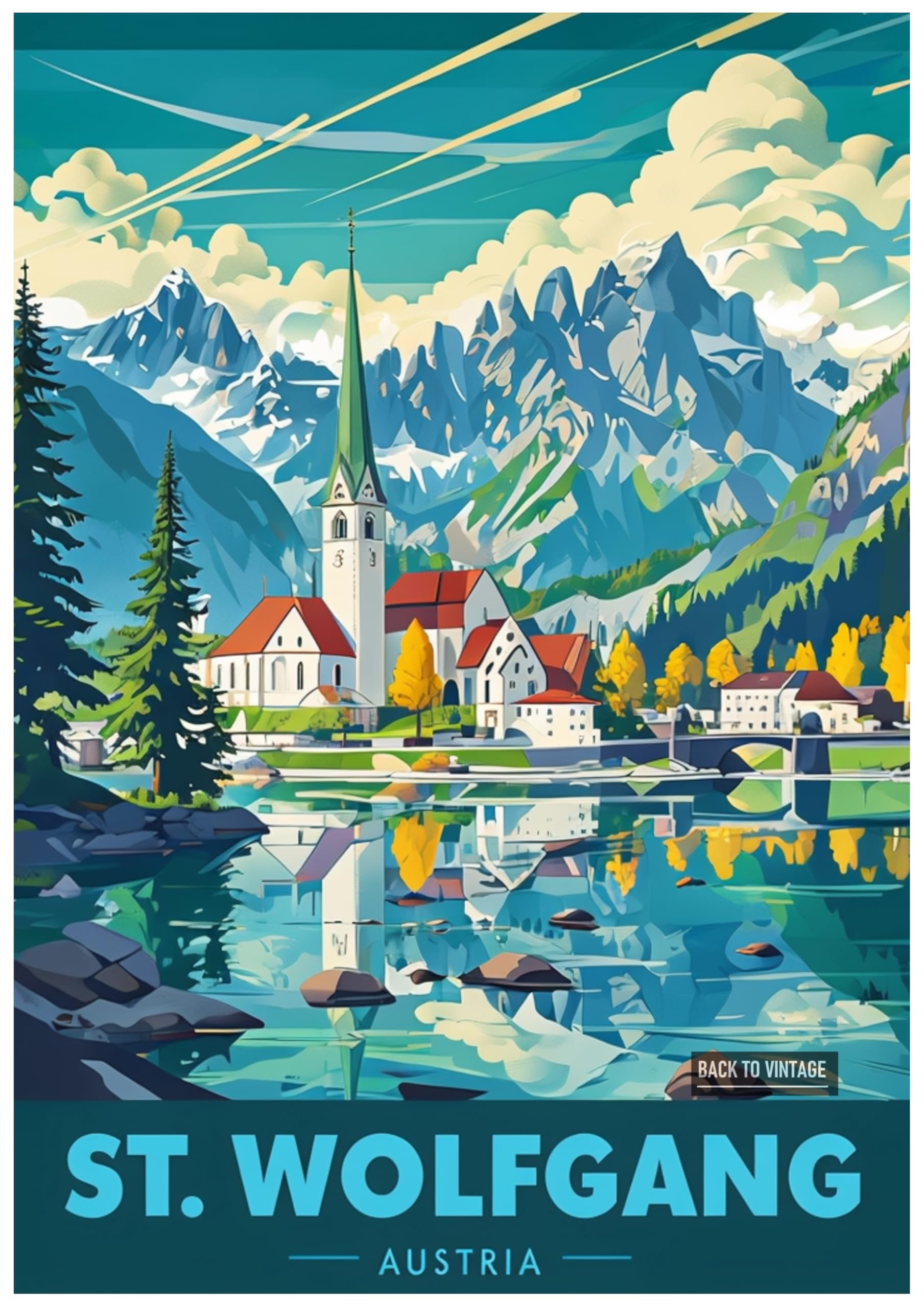 Vintage Travel Poster of St Wolfgang Austria with Serene Lake - Retro Europe Travel Poster A4 Size Vintage Wall Art Print of Famous European Destinations Ideal for Home or Office Decor