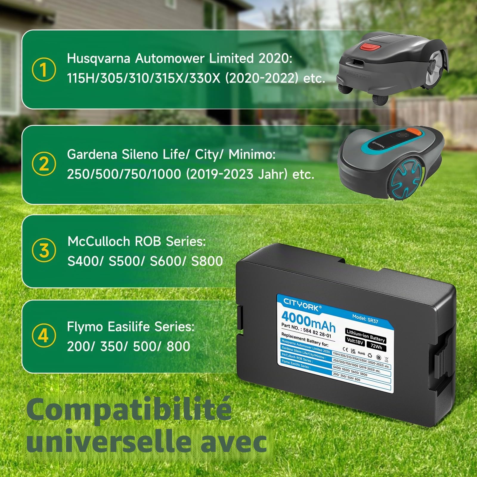 CITYORK 18V/4000mAh Tondeuse Batterie pour Husqvarna Automower Limited 2020-2022: 115H 305 310 315 315X, pour Gardena Sileno Minimo 250/500, pour Gardena Sileno City/Life:1250/1000/750/600 (2019-2023)