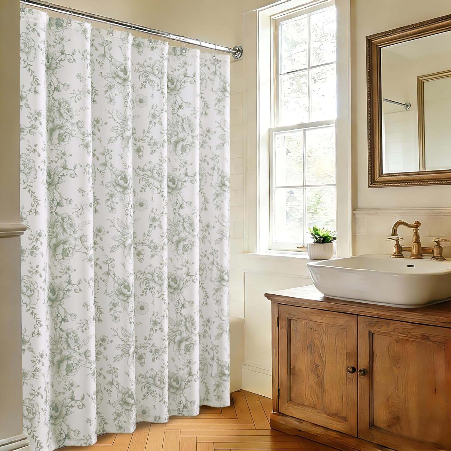 XWZO Vintage Floral Shower Curtain, Botanical Farmhouse Shower Curtains for Bathroom, Waterproof Fabric Cottagecore Shower Curtain Set with 12 Hooks, 72 x 72 Inches, Peony Bloom Green