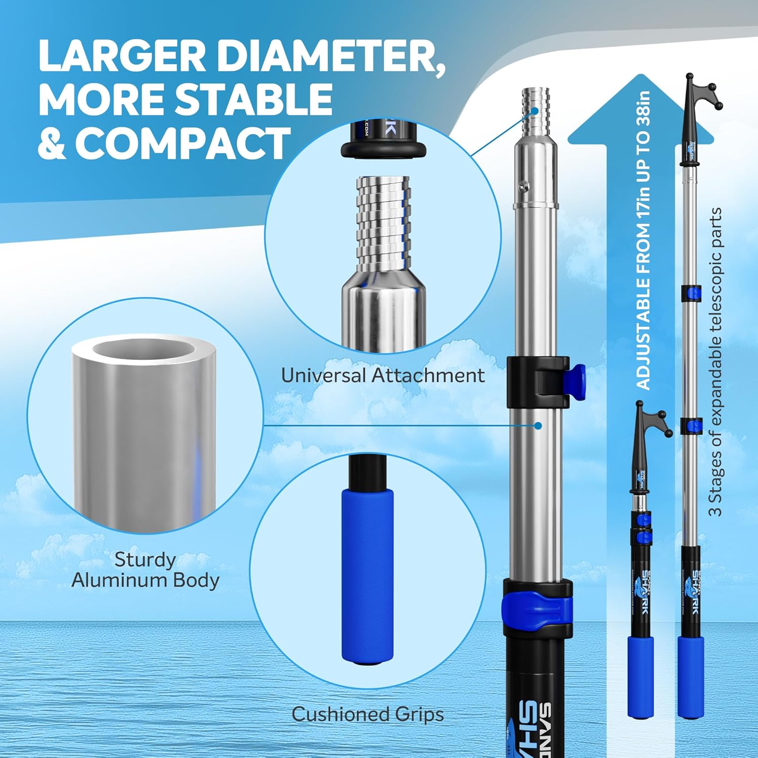 SandShark 4 Stage Heavy Duty Telescoping Boat Hook - Anodized Aluminum Dock Pole, Sturdy Extension Pole with Foam Grips - Boat Accessories, Fishing Accessories, Pontoon Boat Accessories.