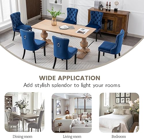 Miniatura 8 de KCC Nikki Collection - Juego de 2 sillas de comedor de terciopelo tapizadas de alta gama con anillo trasero de clavo, patas de madera maciza, estilo