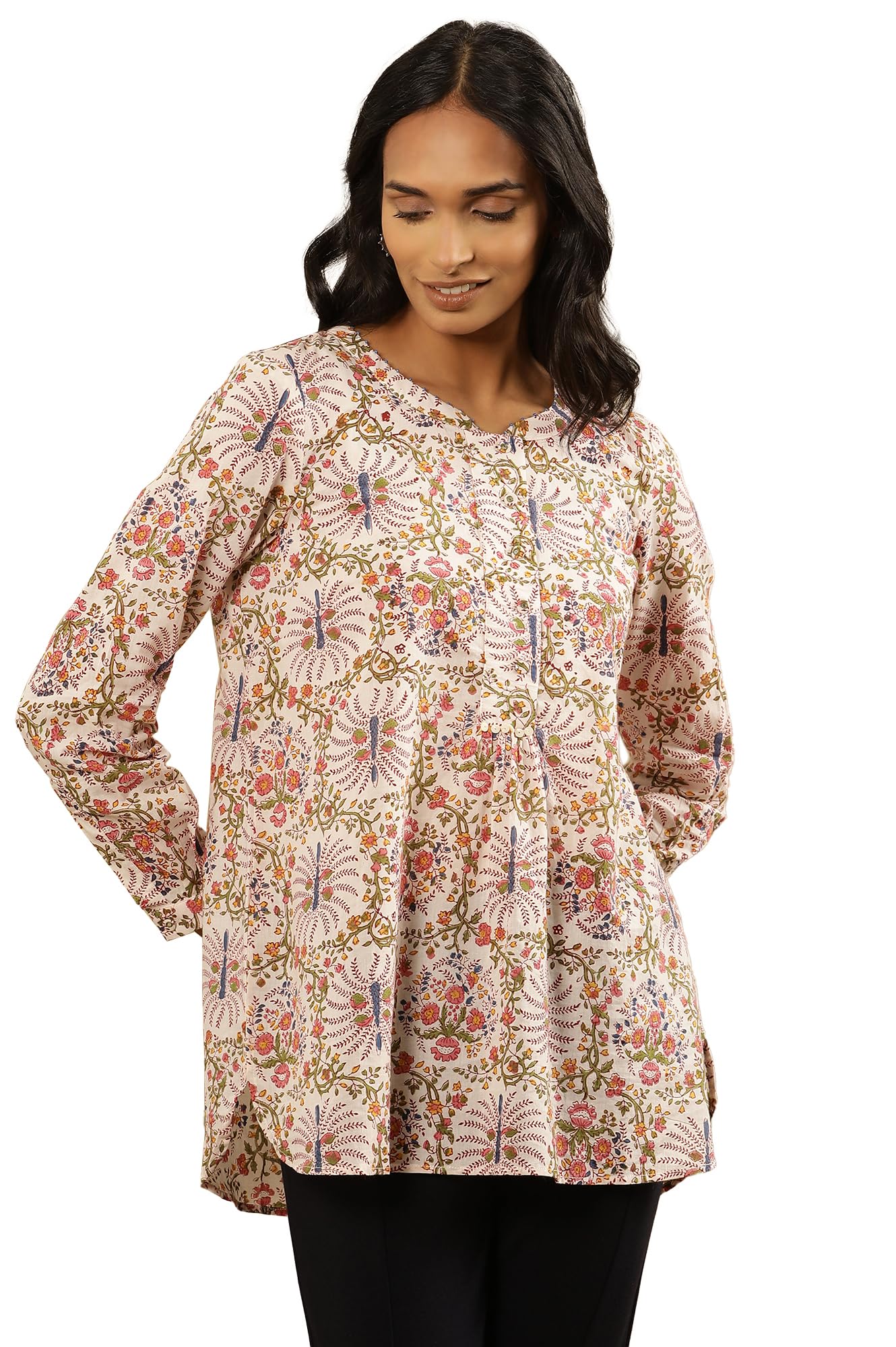 Folksong by W - Top dritto da donna, in cotone, con stampa floreale, colore: bianco