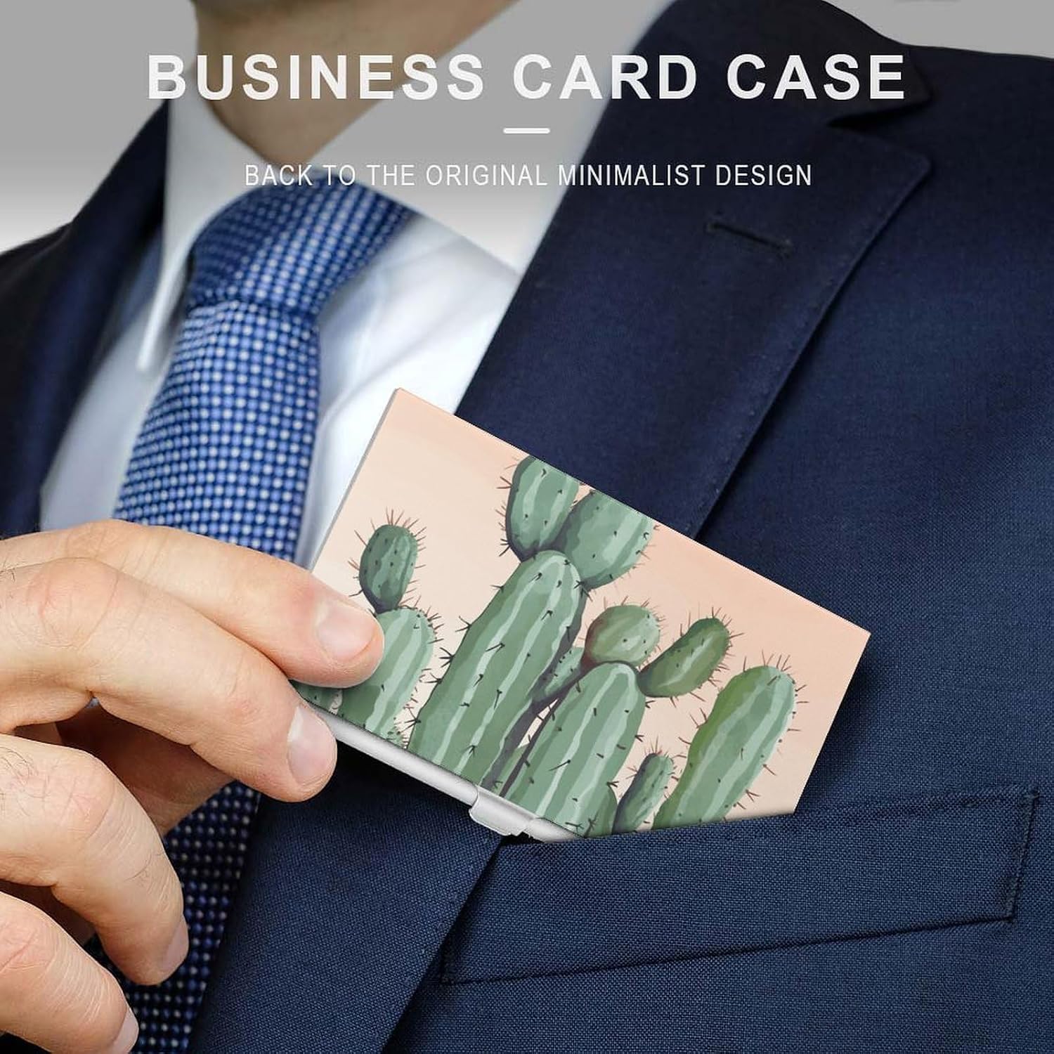 Watercolor Green Cactus Business Card Case for Women Or Men Snaps Closed Portable Name Holder Credit Card Holder for Business Meeting Use