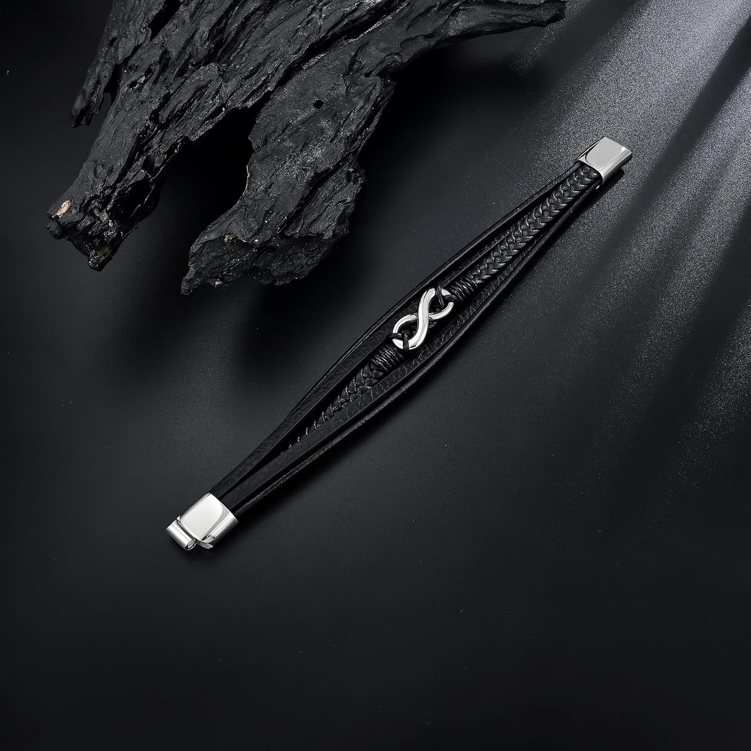 Men's Leather Infinity Bracelet Stainless Steel Number 8 Wristband Cuff Bangle Bracelets Gifts for Men, 8.3 & 9.1 inches - Image 3