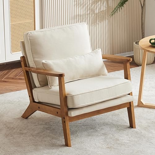 Karl home - Sillón Accent con amplios reposabrazos, silla de salón estilo mediados de siglo, sillón de tela de lino con cojín lumbar y estructura de