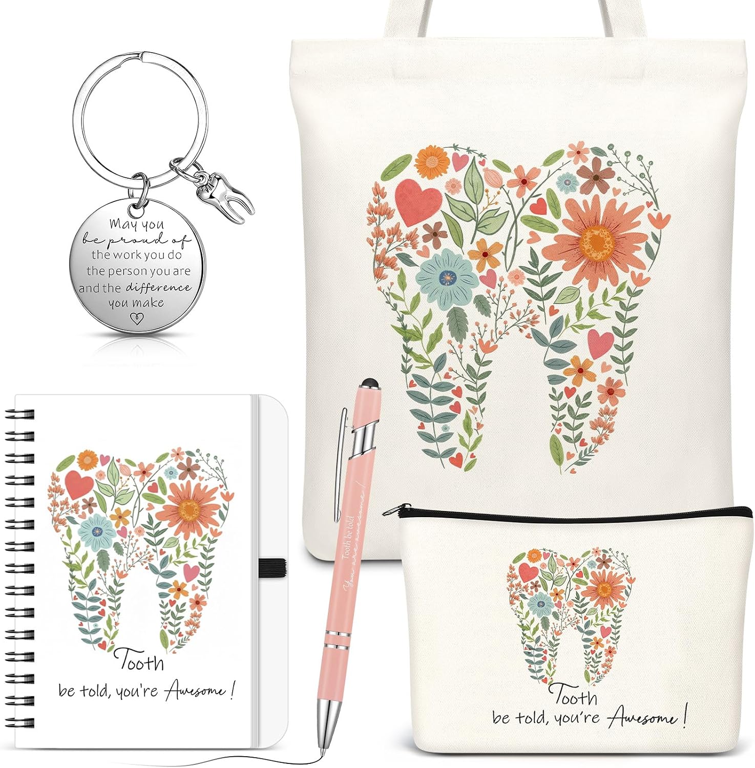 Kinlop 5 Pcs Floral Tooth Dental Gift Set, Pink Bags Notebook Pen Keychain