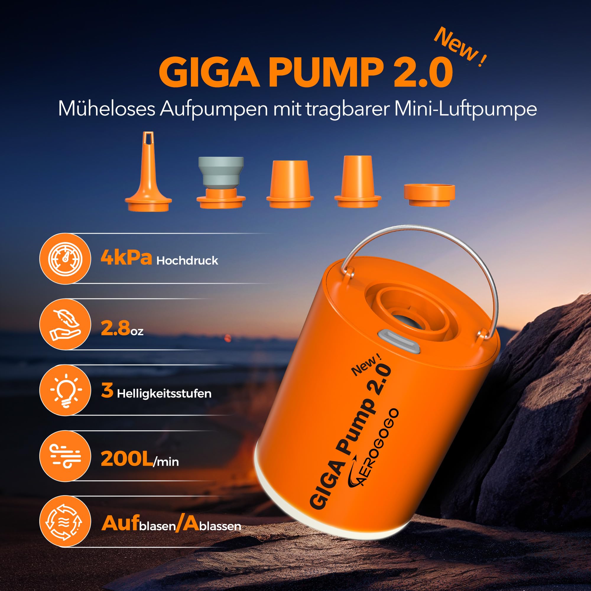 GIGA Pump 2.0 Pompe à air électrique portable 1300 mAh Batterie rechargeable Ultra Mini pompe de gonflage/dégonflage pour bouées, matelas gonflable, lit, jouet de piscine avec lumière 400 lm