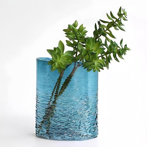 Miniatura 5 de Jarrón de cristal para flores, diseño único en forma de luna, bonito jarrón de ramo moderno para el hogar, 8.3 pulgadas de alto, azul océano, regalo