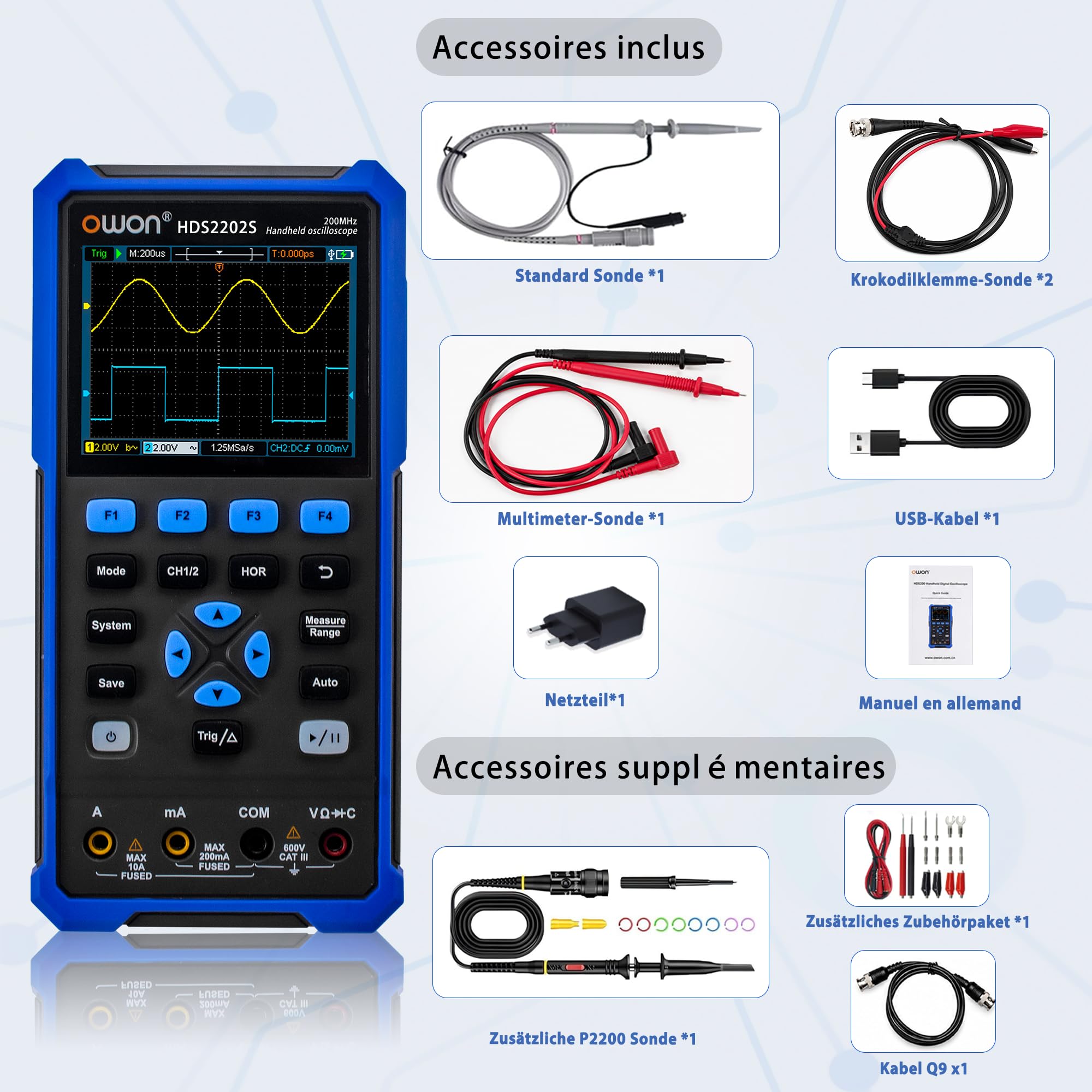 HDS2202S OWON Oszilloskop 3 in 1 Handoszilloskop 200MHz Bandbreite 1GS/s Abtastrate + 4 1/2 Stellen Multimeter+ 25MHz Signalgenerator 3,5" LCD mit einstellbarer Helligkeit