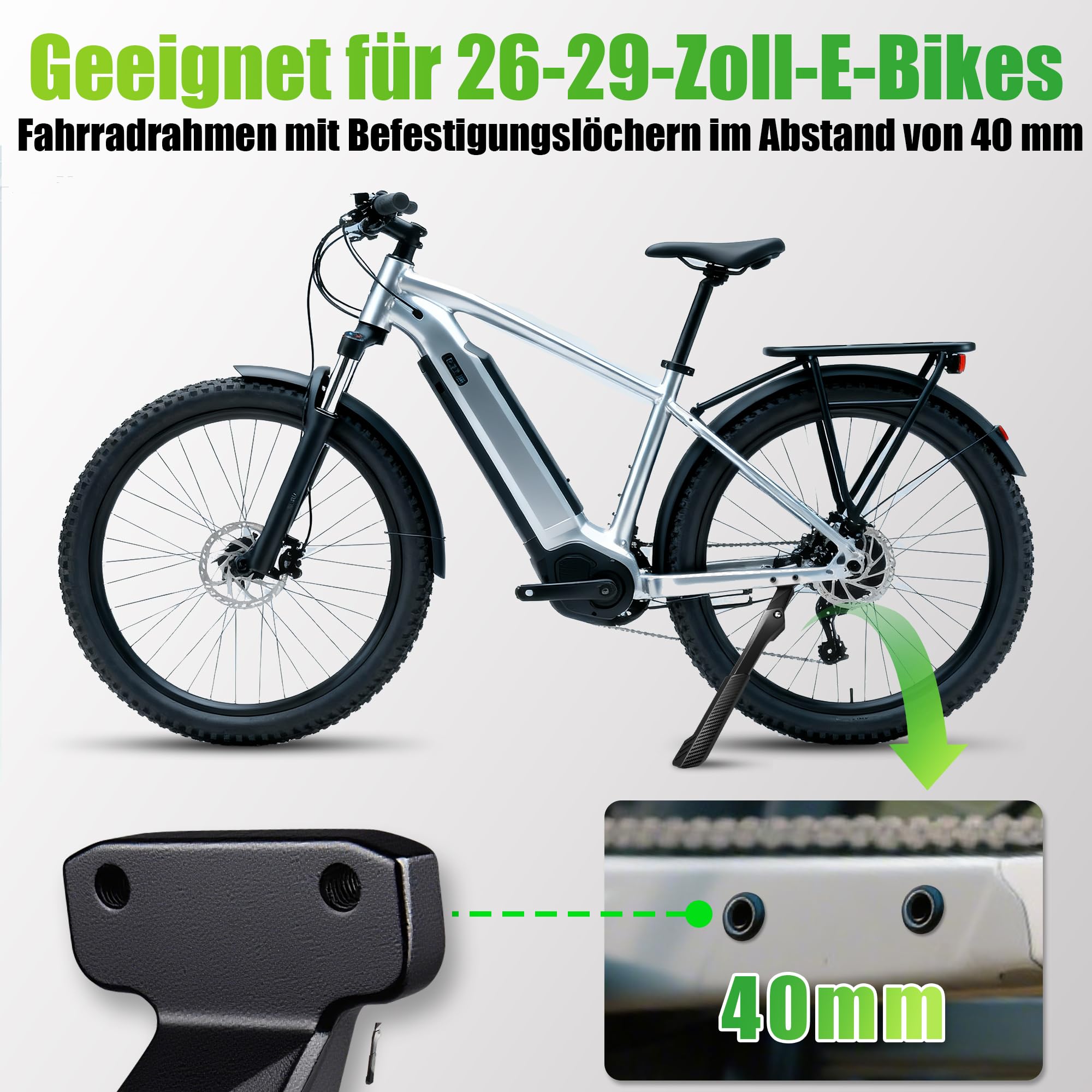RBRL E-Bike Fahrradständer (Hinterrad) – Mit 2 Löchern 40 mm, Höhenverstellbar 27–33 cm, 85 kg Tragkraft, Extra Stabiler Aluminium Seitenständer für 26–29 Zoll