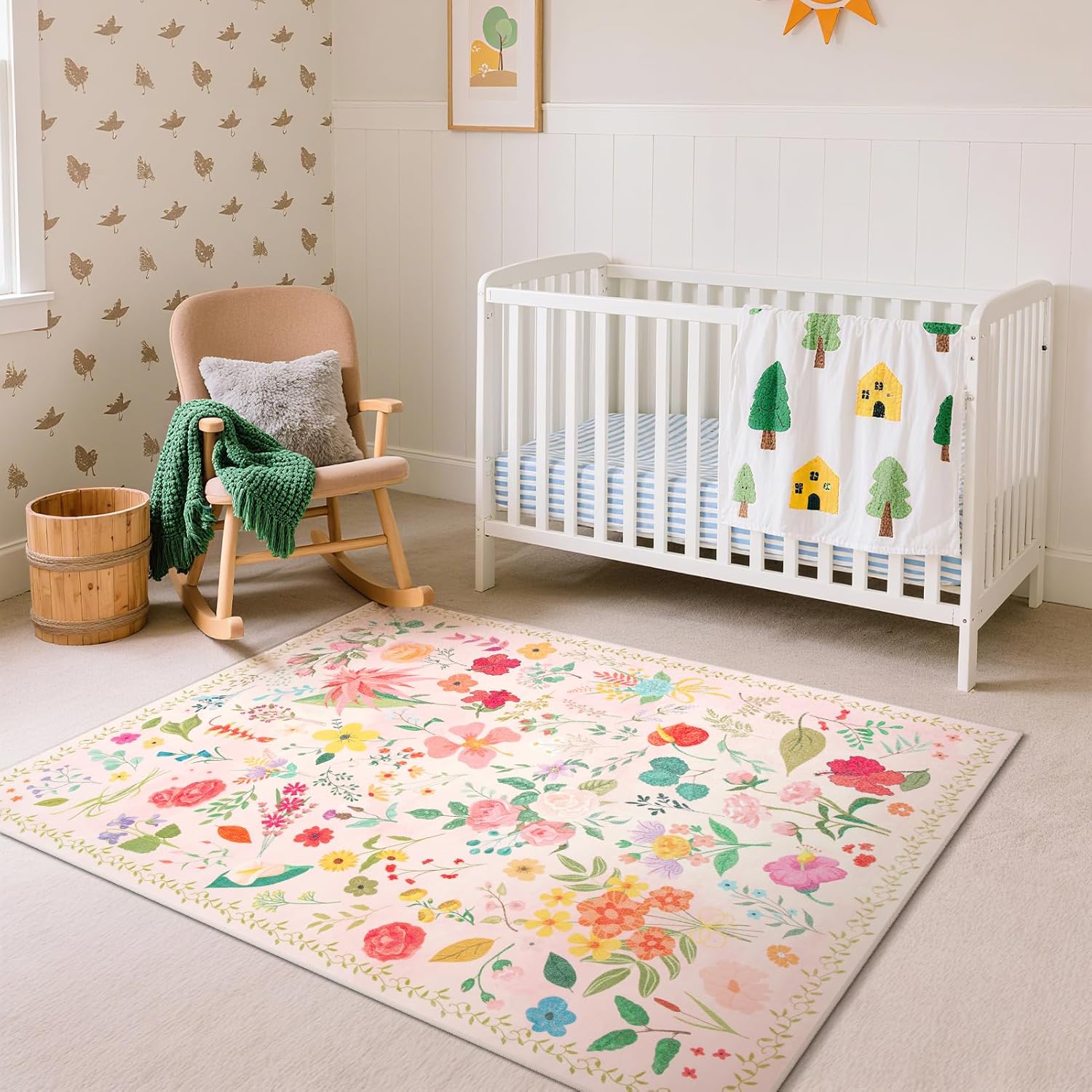 Floral Bedroom Rug 4x6 Area Rug Washable Boho Rugs Non Slip Low Pile Small Carpet Throw Rug for Bedroom, Bedside, Kids Room, Office, Playroom, Entryway, Dining Room