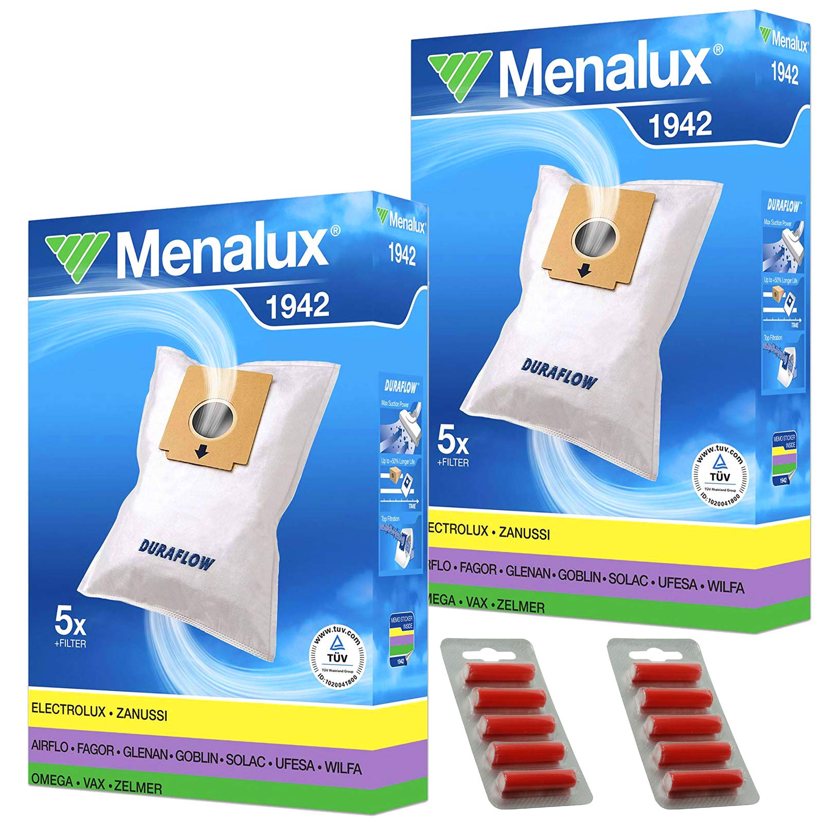 Menalux 1942 Duraflow Vacuum Cleaner Dust Bags (Pack of 10 + Fresheners)