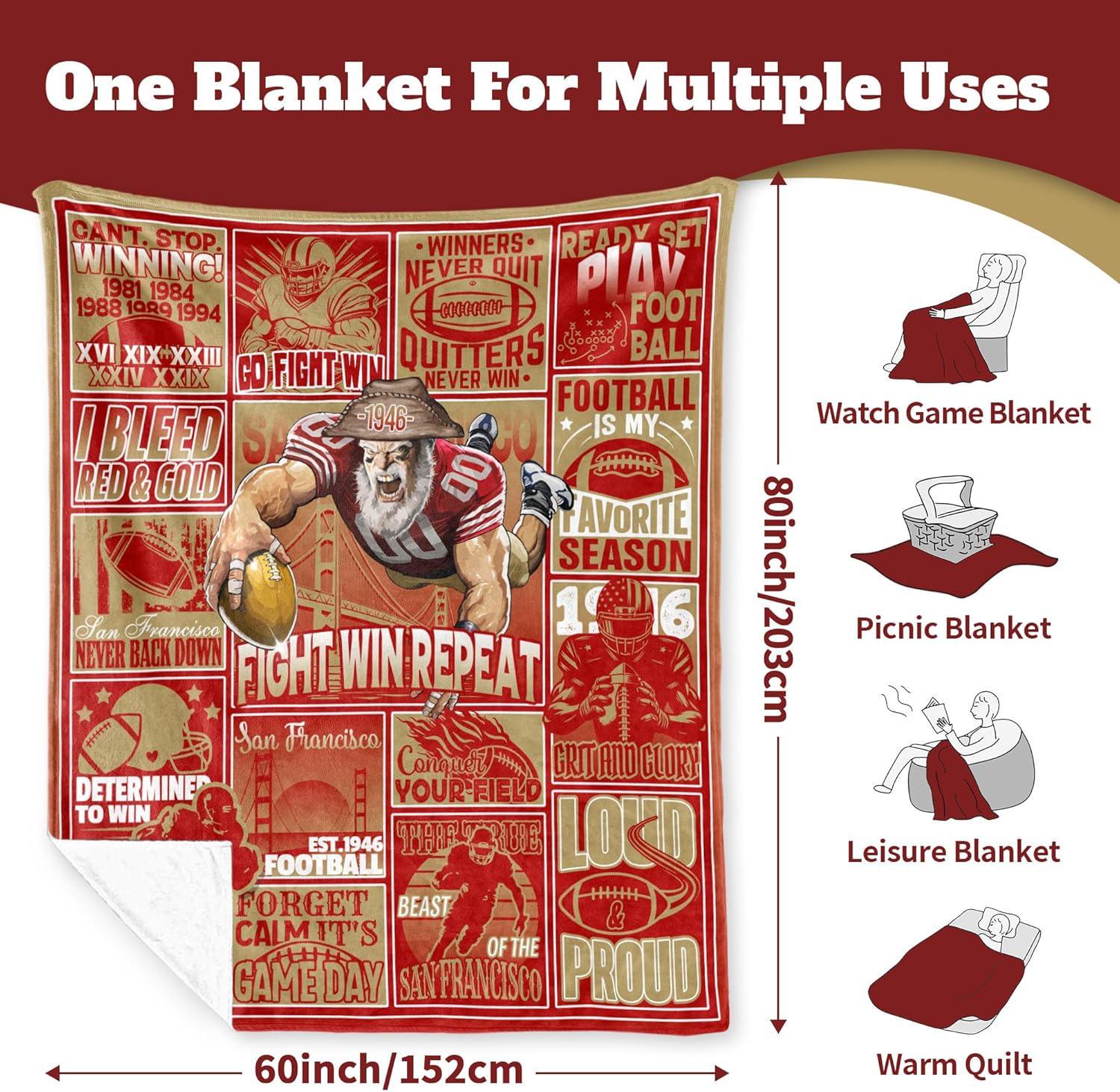 Football Blanket Football Style Throw Blanket 80"x60" Fan Gifts for Men Soft Flannel Red Sofa Bed Couch.