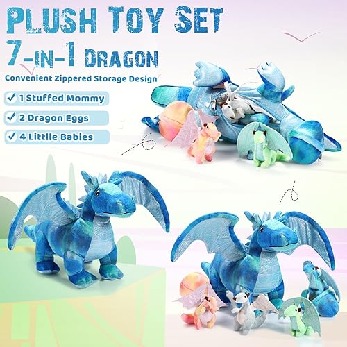 Miniatura 10 de Deekin Juego de 7 piezas de juguetes de dragón de 16 pulgadas con 4 lindos dragones de peluche de bebé y 2 huevos en el vientre de mamá dragón para