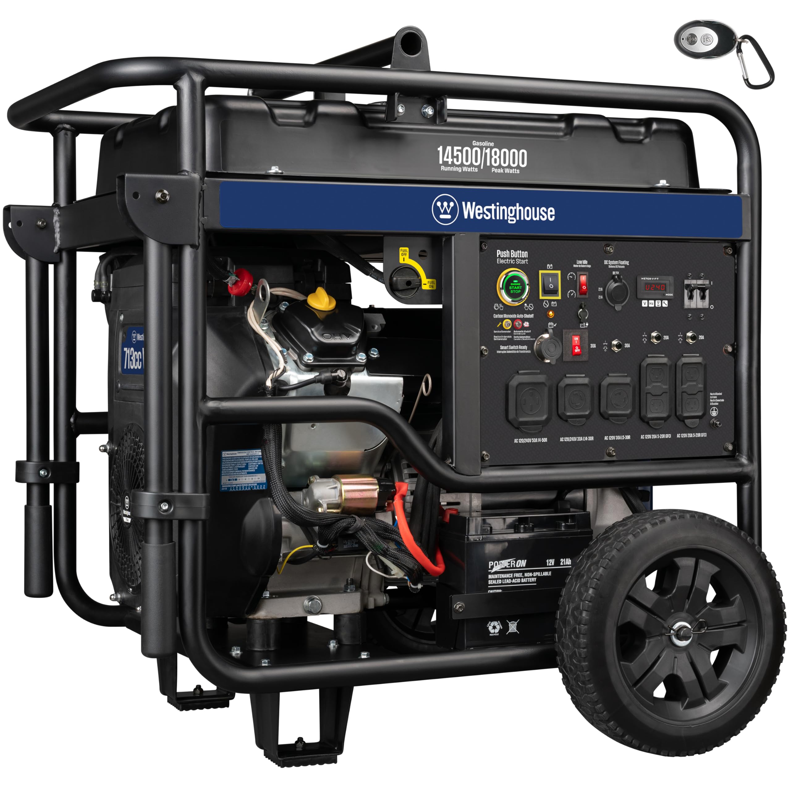 Westinghouse 18000 Peak Watt Home Backup Portable Generator, Remote Electric Start, Transfer Switch Ready 30A & 50 Outlets, Gas Powered, CO Sensor