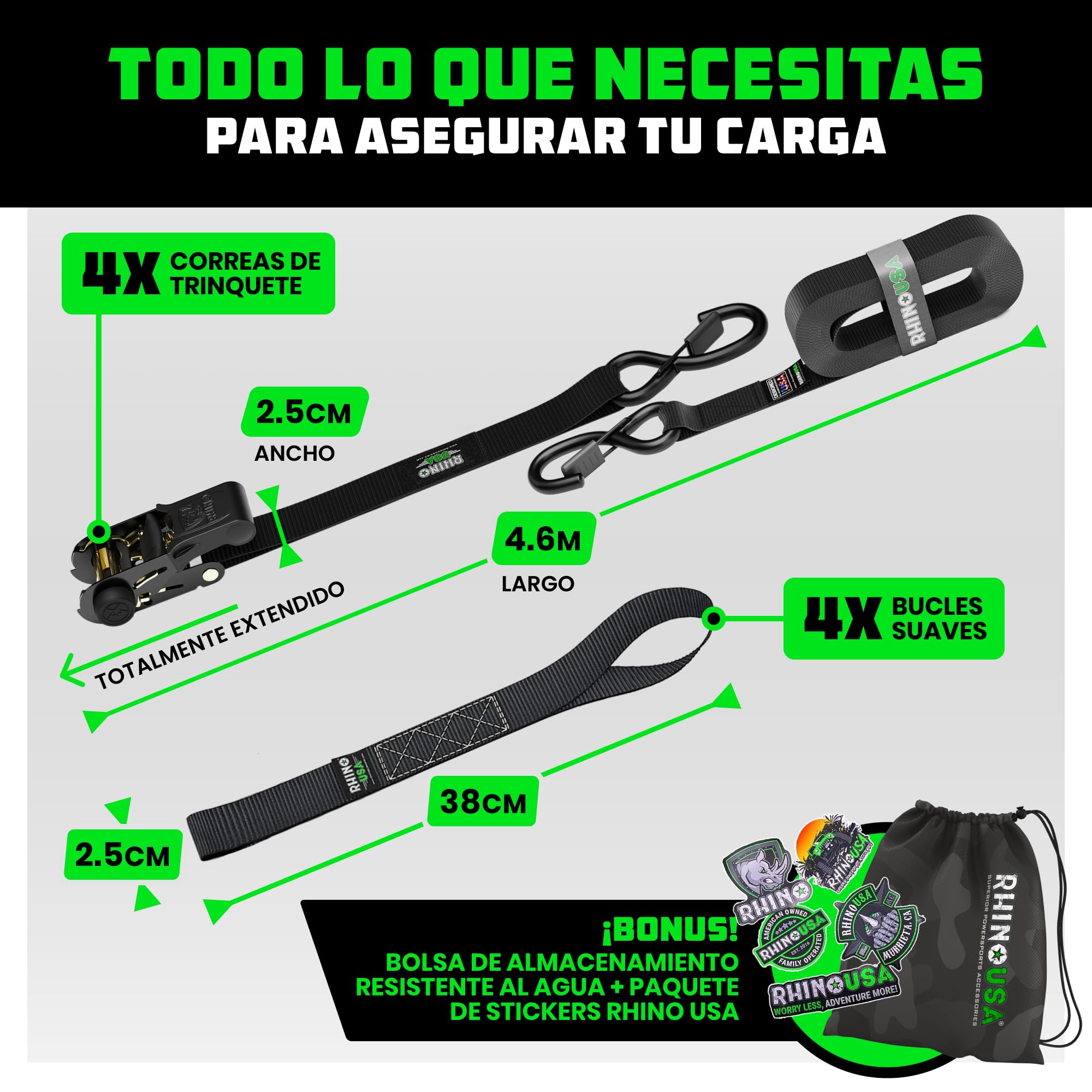 Rhino USA Correas de Carraca (4-Pack) - 2,5 cm x 4,6 m (800 kg de Resistencia de Rotura) - Correas de Amarre con Ganchos de Seguridad en S para Camiones, Carga, Mudanzas, Electrodomésticos - Negro