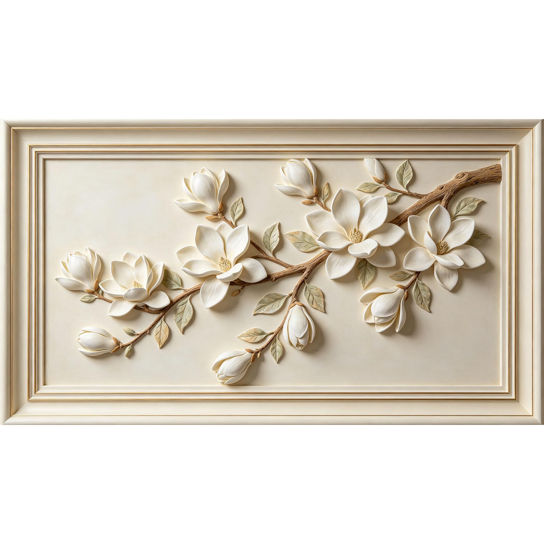 QZLITHOTIC 50x90cm3D Framed Wall Art， Magnolia Blossom Botanical Self‑Adhesive Mural， Water‑Activated Peel & Stick Fabric Decor Wall Decal for Bedroom Living Room