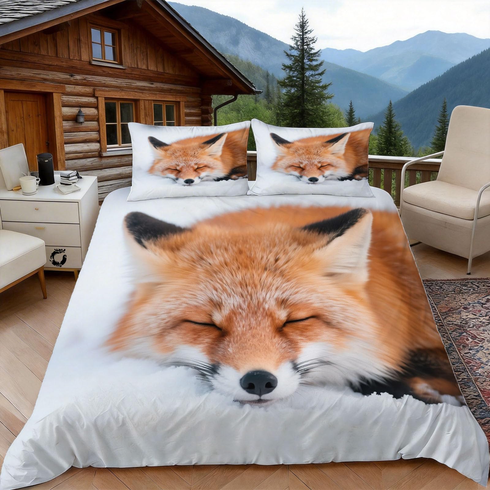 3D Double Duvet Set 3D Printed Fox Print Bedding, Wildlife Animal Soft Microfibre Duvet Cover Sets Quilt Cover and Pillow Set with Zipper 3 Pcs