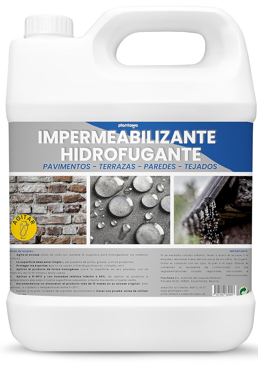 Plantawa Impermeabilizante transparente líquido 5 l. Hidrofugante invisível, sem filme, proteção total em fachadas, concreto, terraços, tecidos. Repelente de água, waterproof.
