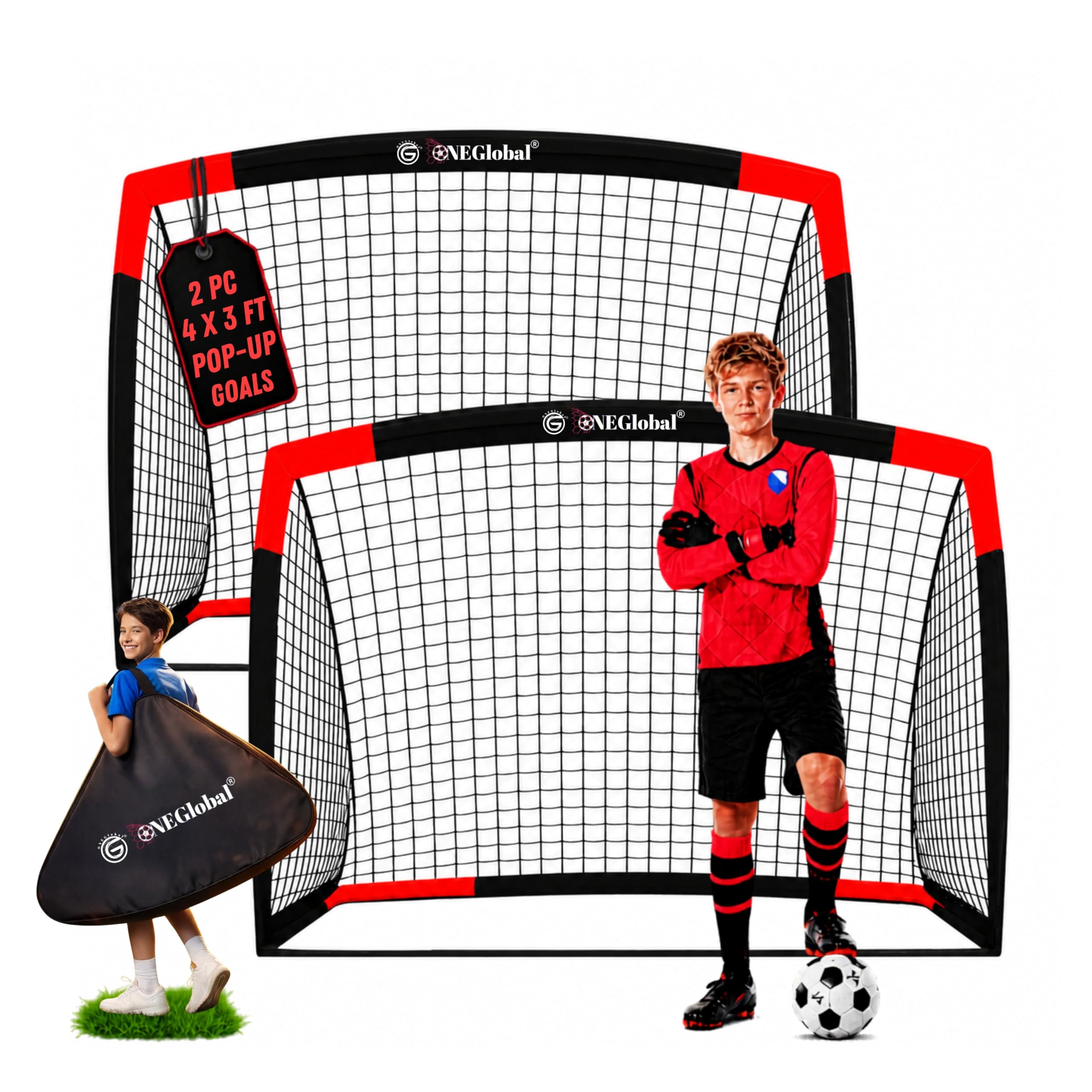2Pack 4x3ft Popup Football Goals with Carry Case | Portable Goal with Net for Garden | Durable Football Training Equipment & Football Gifts | Single or Pair with Optional Targets
