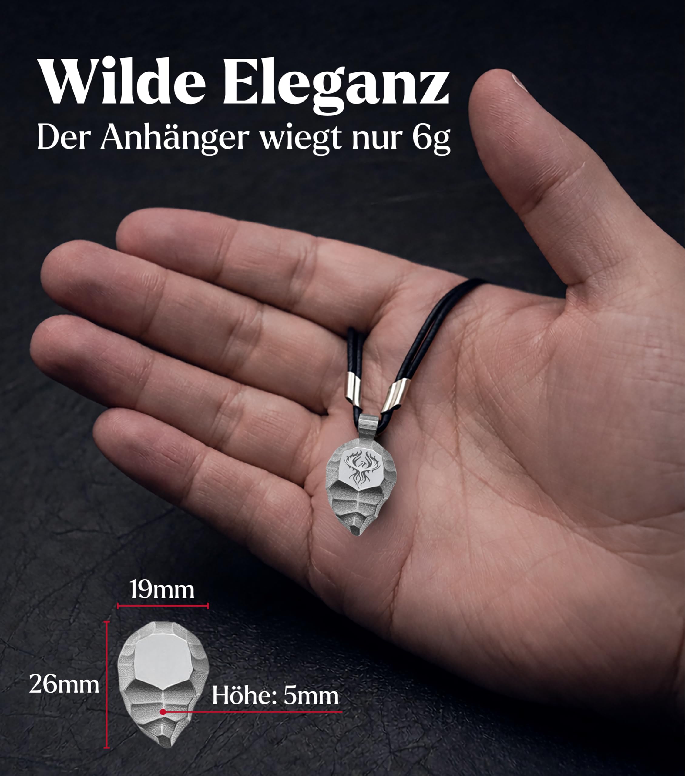 Phönix Titan-Anhänger & Unisex Halskette – Robustes Titan mit schwarzem Lederband – Phönix aus der Asche Schmuck & Talisman für Damen und Herren