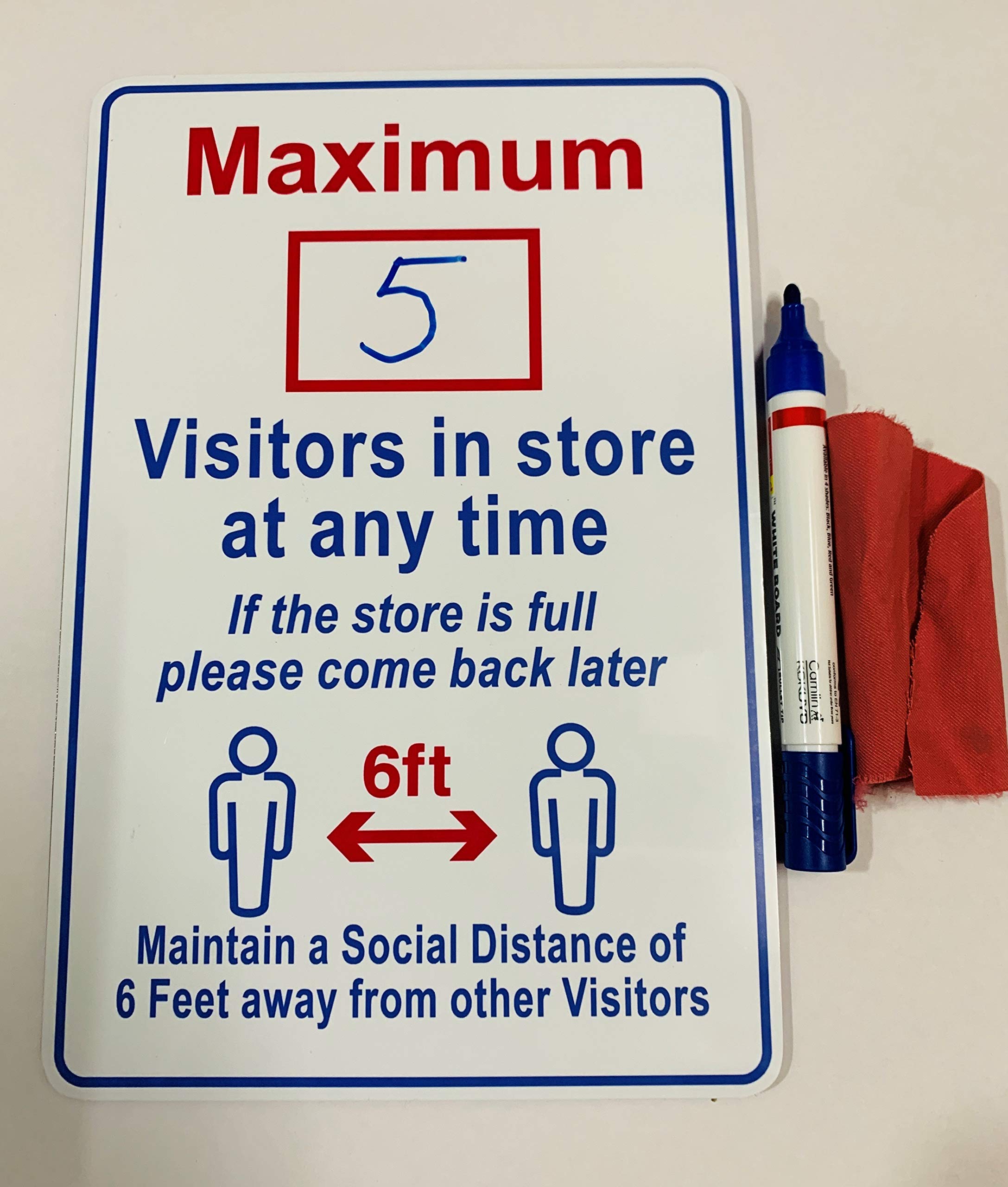 DLCCREATION Social Distancing Sign - MAXIMUM VISITORS IN STORE SIGN White Board Pen & Duster Cloth made by Aluminum with High Digital Direct Print Long life Look & Back 3M Self Adhesive Double side tape.