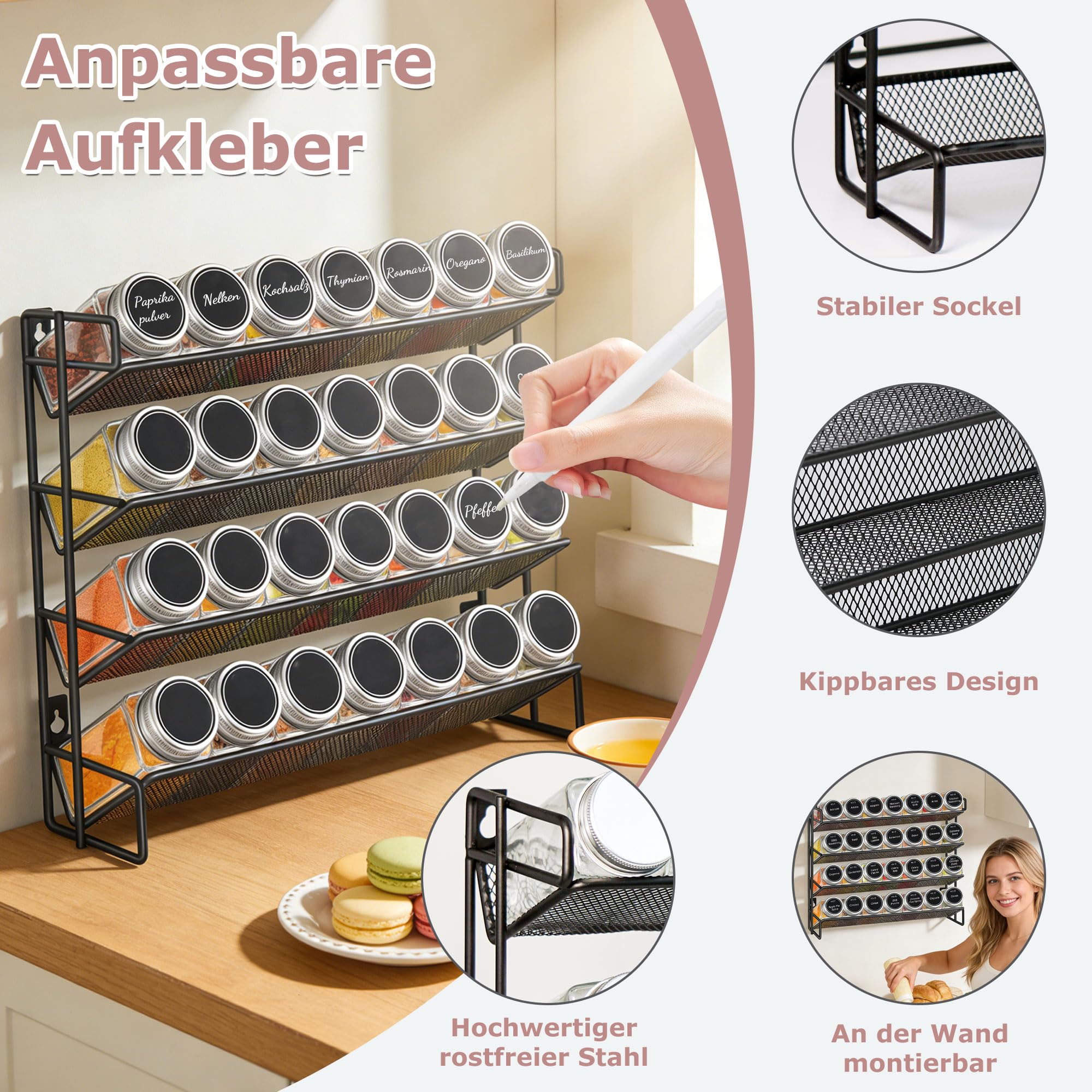 4 Stöckiges Gewürzregal Stehend & Wand 28 Leere Gewürz Organizer mit Gestell und 432 Gewürzetiketten, Spice Rack Gewürzregal Ohne Bohren für Küchen, Schrank, Speisekammer (Packung mit 2)
